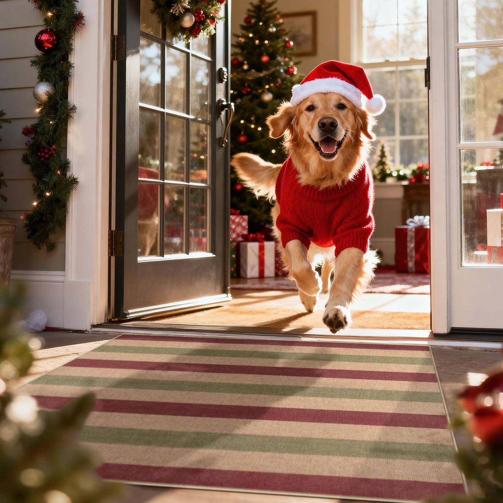 Left. Fabibe - 3X5 RED GREEN Easy Care Jute Indoor Outdoor LAHOME CHRISTMAS OUTDOOR CHRISTMAS DECORATIONS FOR PORCH ENTRYWAY FRONT - Christmas Striped-1 2’5'' X 8’.