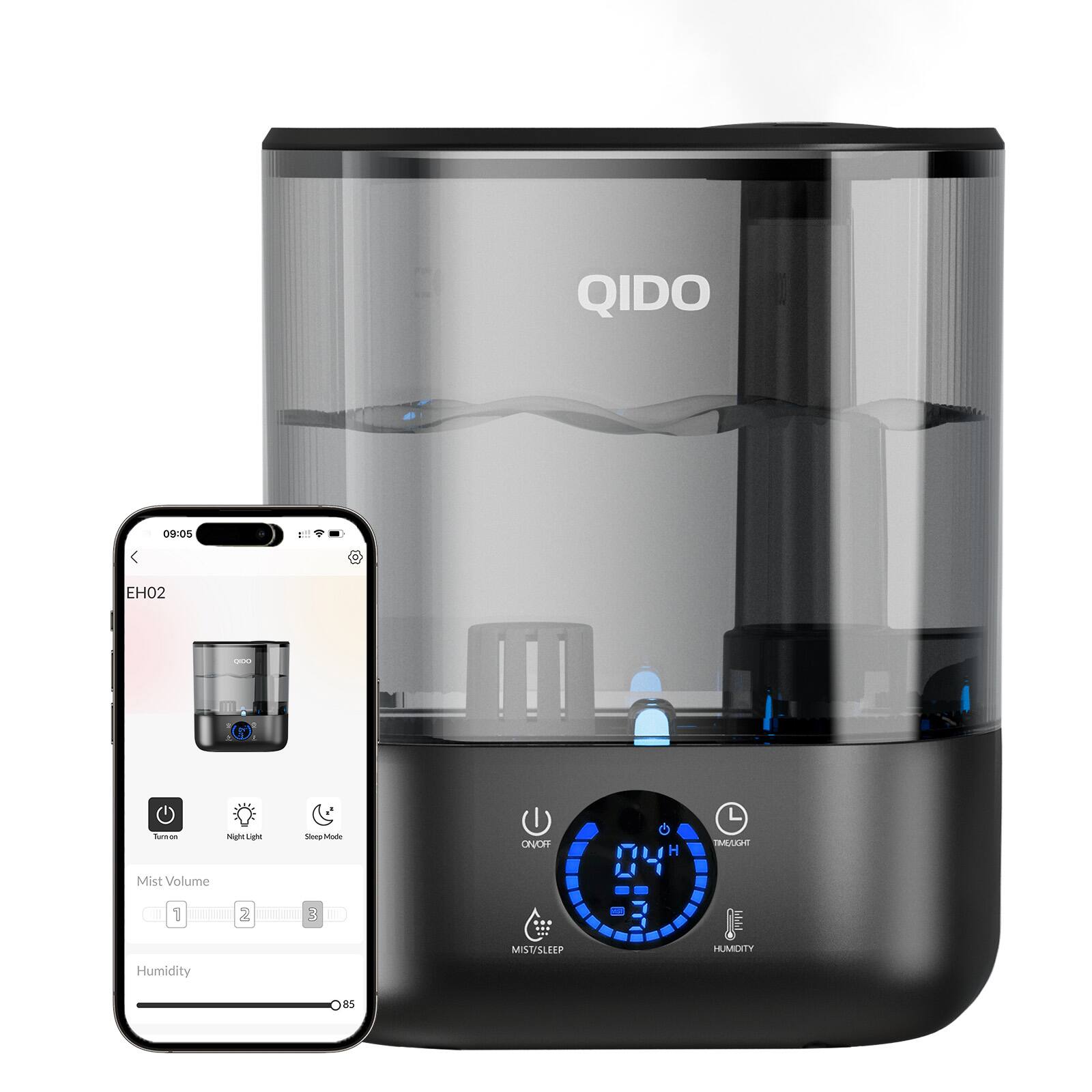 QIDO - Smart Humidifiers 5L Top Fill Supersized Humidifier Ultra-quiet 36H Runtime - Black