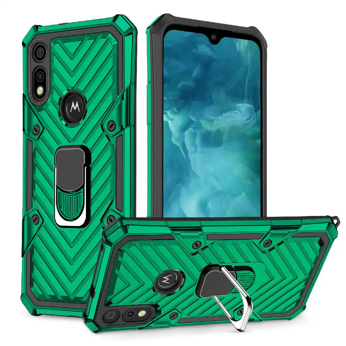 Front. Reiko - Kickstand Anti-Shock And Anti Falling Case For Motorola E7 In Green - Green.