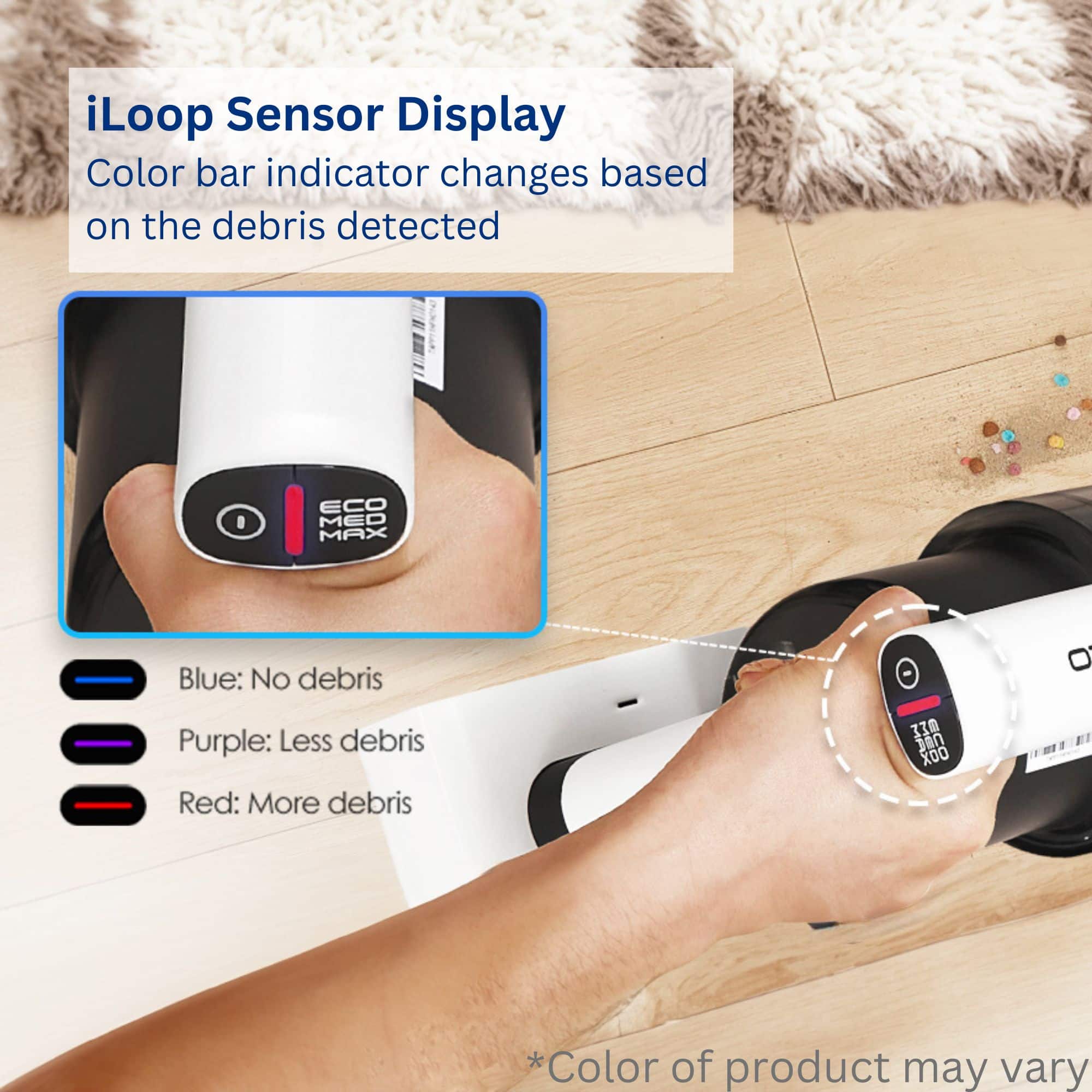 iLoop Sensor Display Color bar indicator changes based on the debris detected. The display features a color bar that indicates the amount of debris detected. Blue represents no debris, purple represents less debris, and red represents more debris. The product may vary in color.