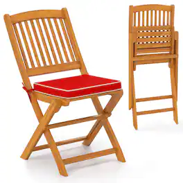 Costway - Outdoor Folding Chairs Set of 2 Acacia Wood High-Back Chair with Seat Cushions - Red