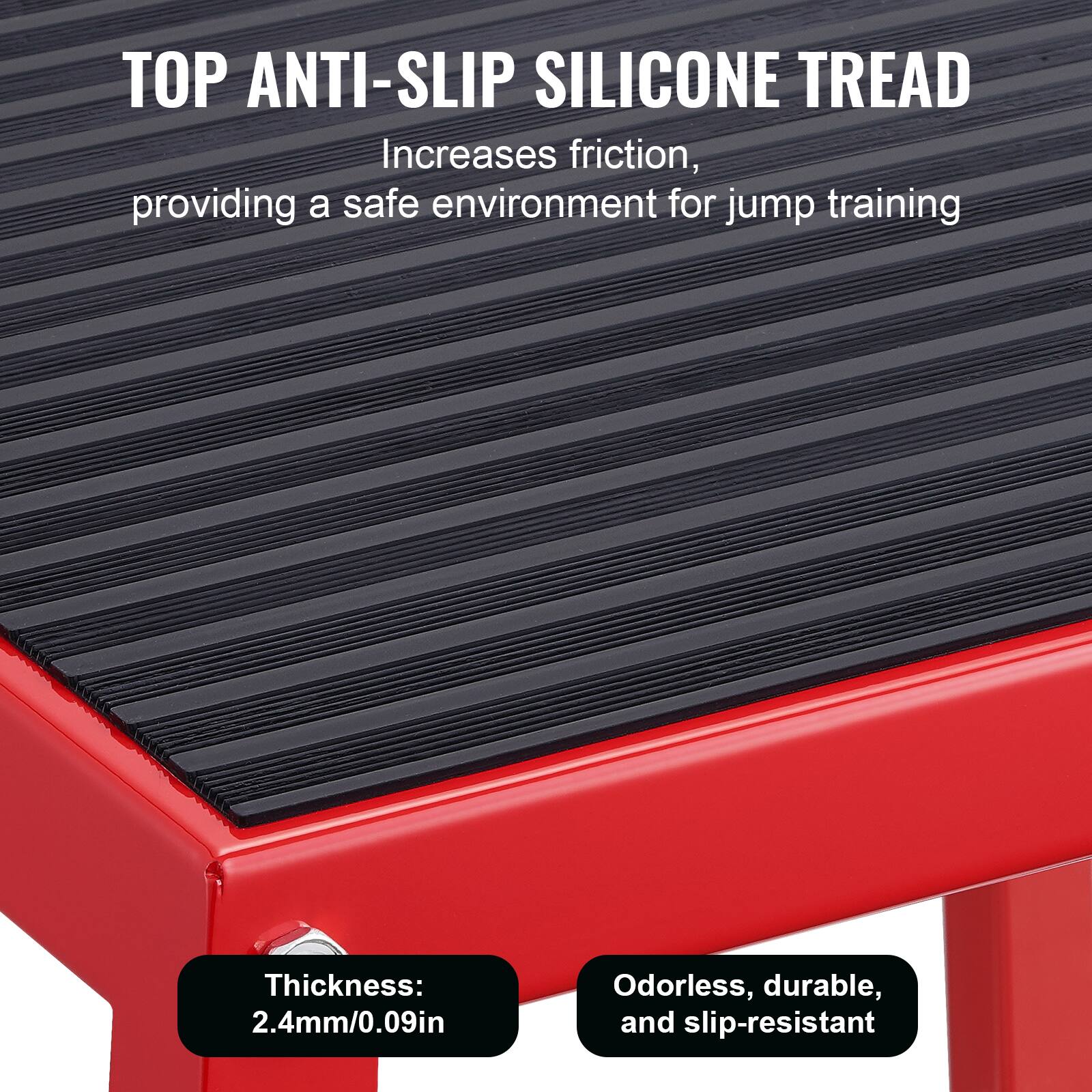 **TOP ANTI-SLIP SILICONE TREAD**

- Increases friction, providing a safe environment for jump training
- Thickness: 2.4mm/0.09in
- Odorless, durable, and slip-resistant