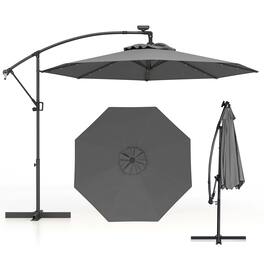 Costway - 10FT Patio Offset Umbrella Sun Shade Solar Powered LED 360° Rotation - Gray