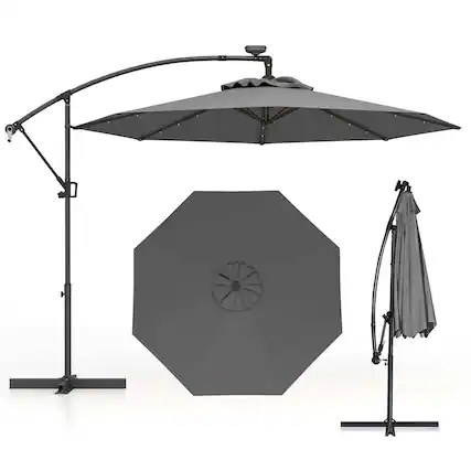 Front. Costway - 10FT Patio Offset Umbrella Sun Shade Solar Powered LED 360° Rotation - Gray.