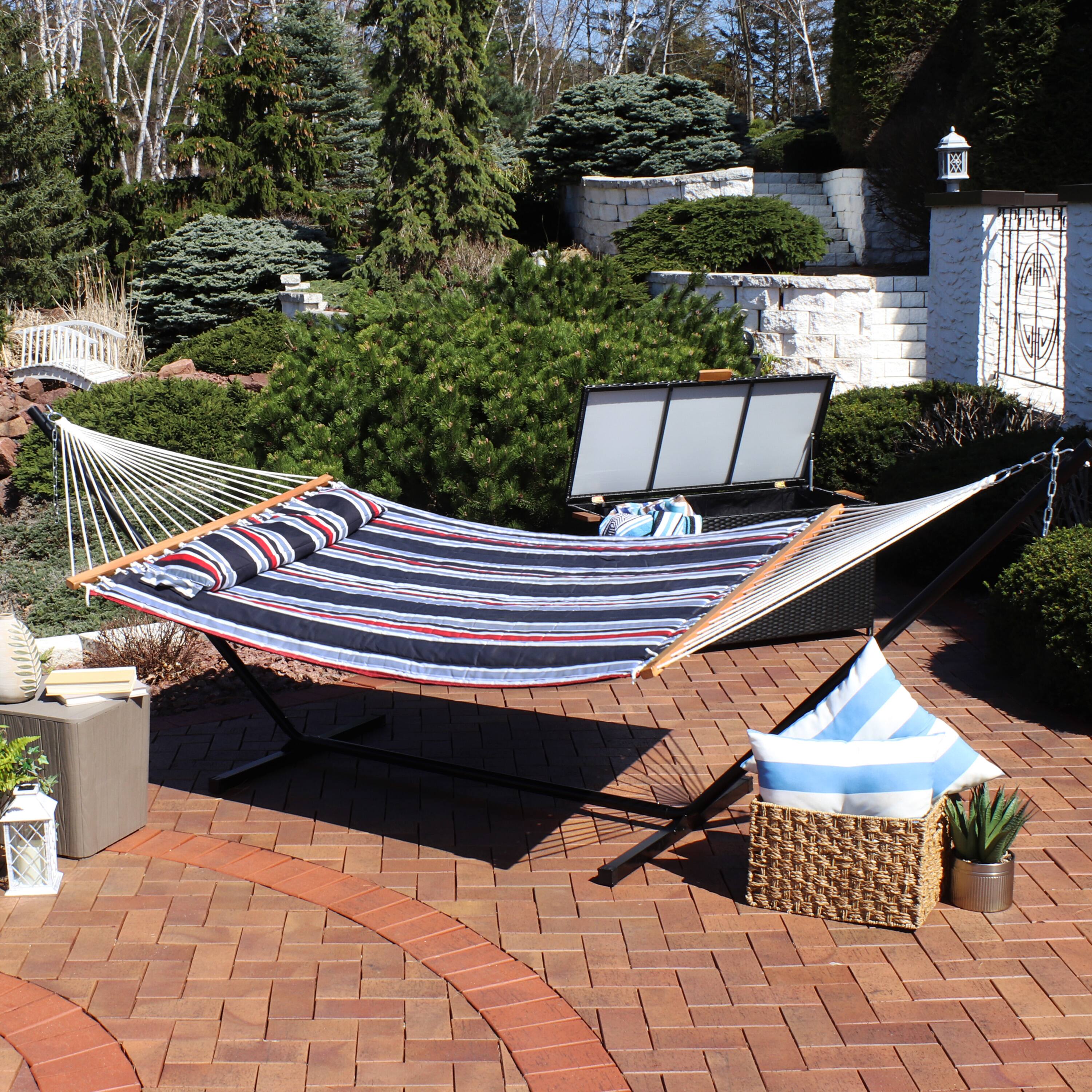 Alt View 3. Sunnydaze - Large Quilted Fabric Hammock with Steel Stand - Nautical Stripe.