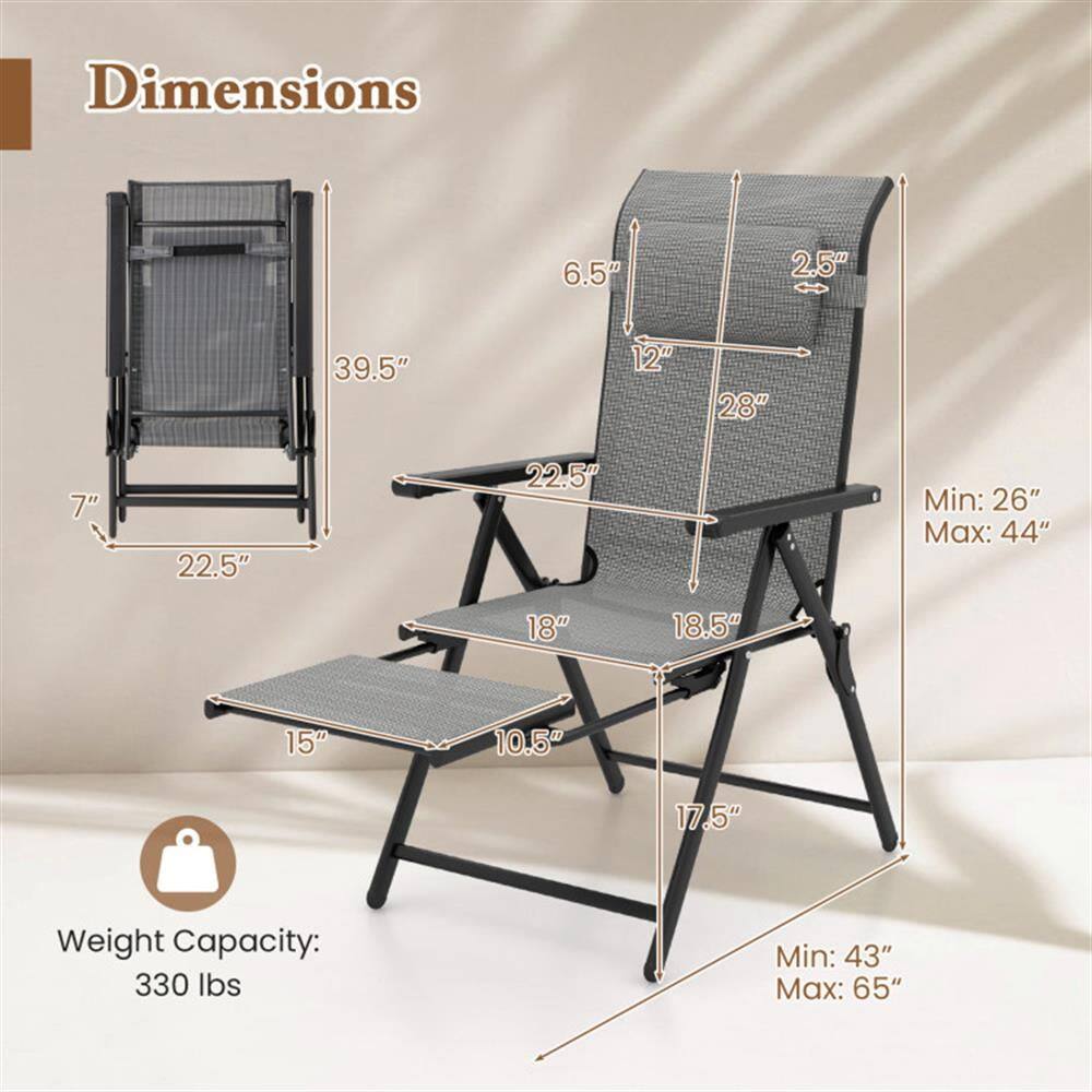 Dimensions:  
- Height: 39.5"  
- Width: 28"  
- Depth: 18"  
- Seat Height: 12"  
- Seat Depth: 22.5"  
- Armrest Height: 22.5"  
- Back Height: 39.5"  
- Back Width: 28"  
- Back Angle: 10.5°  
- Folded Height: 7"  
- Folded Width: 18.5"  
- Folded Depth: 15"  
- Folded Height: 17.5"  

Min: 26"  
Max: 44"  

Min: 43"  
Max: 65"  

Weight Capacity: 330 lbs