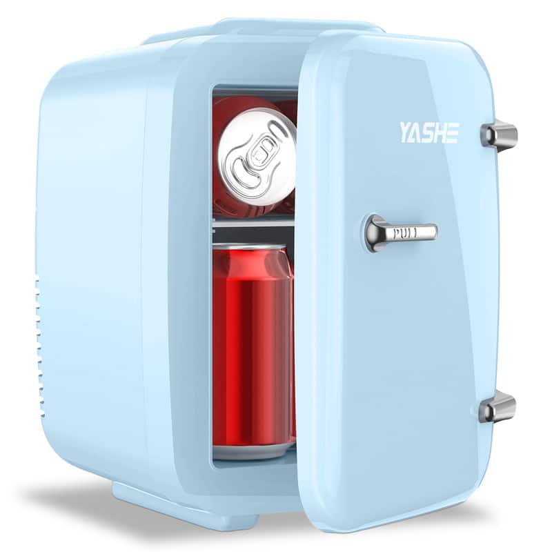 YASHE - Mini Fridge, 4L/ 6 Cans Small Refrigerator for Bedroom, 110V AC/ 12V DC Thermoelectric Cooler& Warmer - Blue
