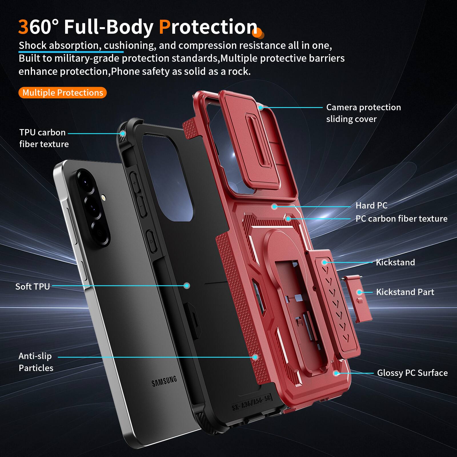 360° Full-Body Protection  
Shock absorption, cushioning, and compression resistance all in one, Built to military-grade protection standards, Multiple protective barriers enhance protection, Phone safety as solid as a rock.  

Multiple Protections  
- TPU carbon fiber texture  
- Camera protection sliding cover  
- Hard PC PC carbon fiber texture  
- Kickstand  
- Soft TPU Kickstand Part  
- Anti-slip Particles  
- Glossy PC Surface