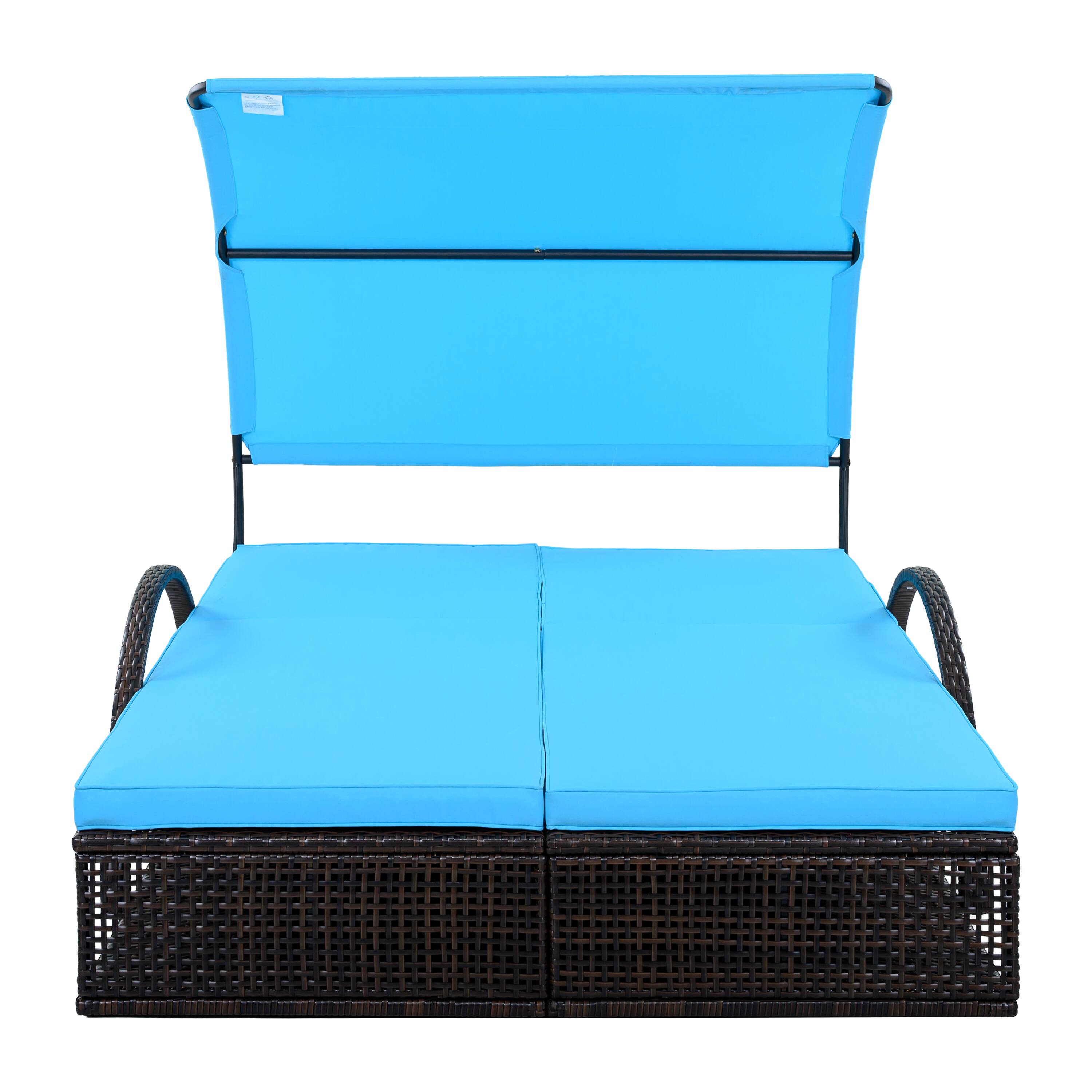 Back. Whisen - Outdoor Steel Frame Double Sun Lounger with Canopy, Adjustable Backrest & Side Tables - Blue.