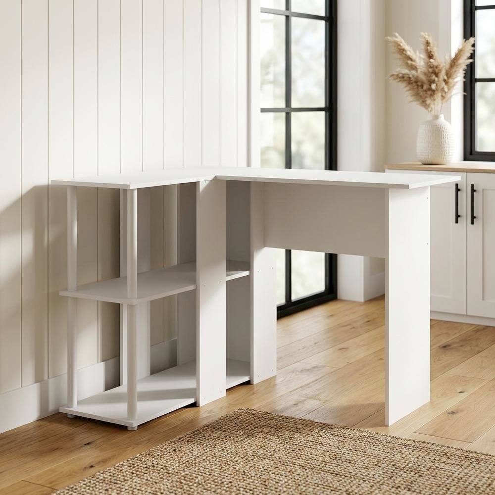 Angle. BisonOffice - White L-Shape Desk with Bookshelf and Spacious Workspace - White.