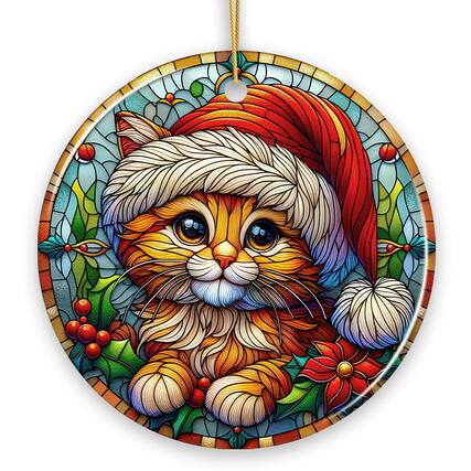 Front. OrnamentallyYou - Adorable Cat in Santa Hat Stained Glass Style Ceramic Ornament Christmas Gift and Decor - Multi-colored.