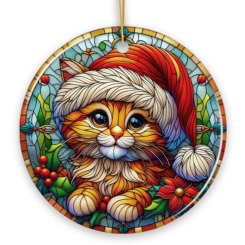 Front. OrnamentallyYou - Adorable Cat in Santa Hat Stained Glass Style Ceramic Ornament Christmas Gift and Decor - Multi-colored.