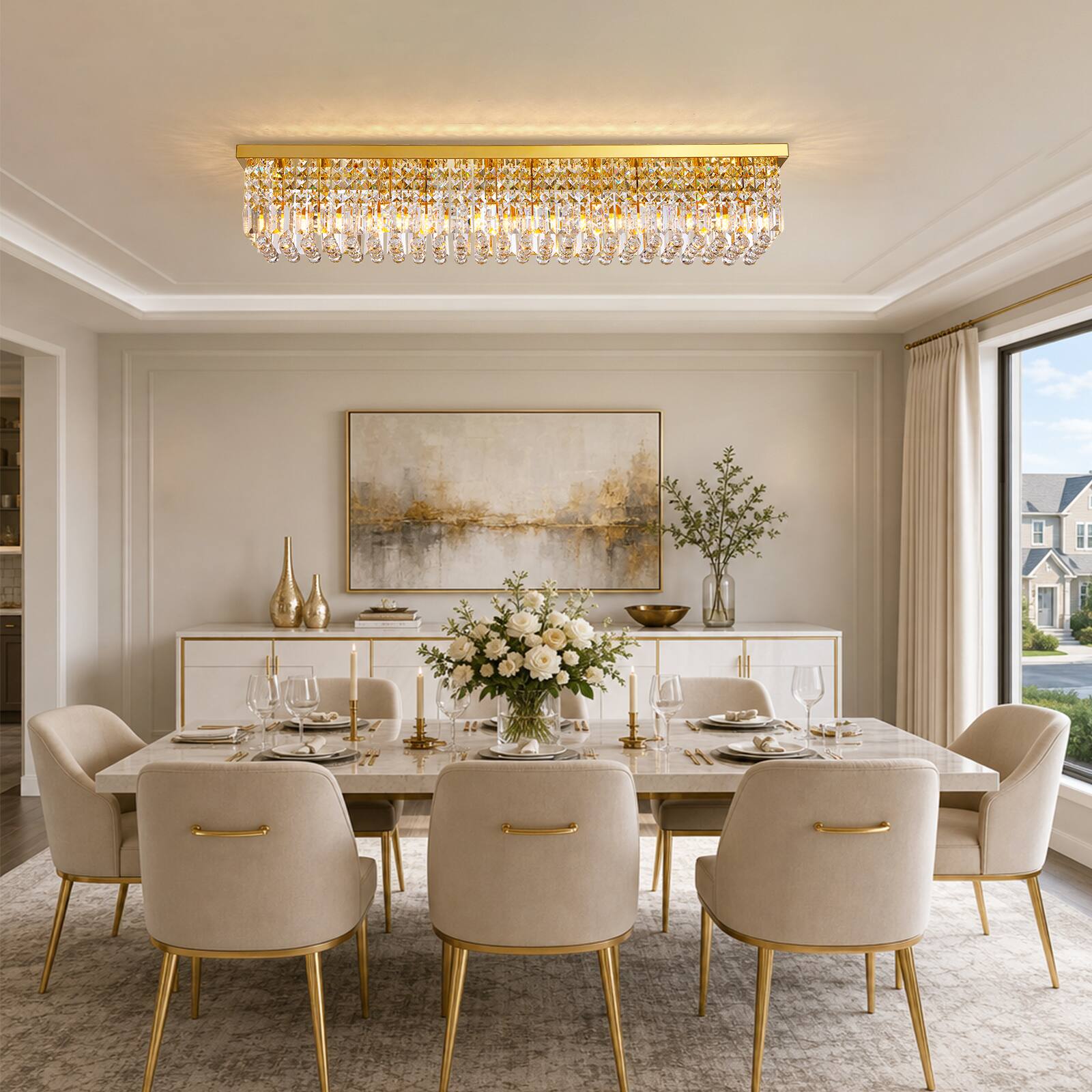 Left. Siljoy - 47.2-icnh 10-Light Gold K9 Crystal Chandelier, Dimmable E12 Flush Mount for Dining Kitchen Living Room - Gold.