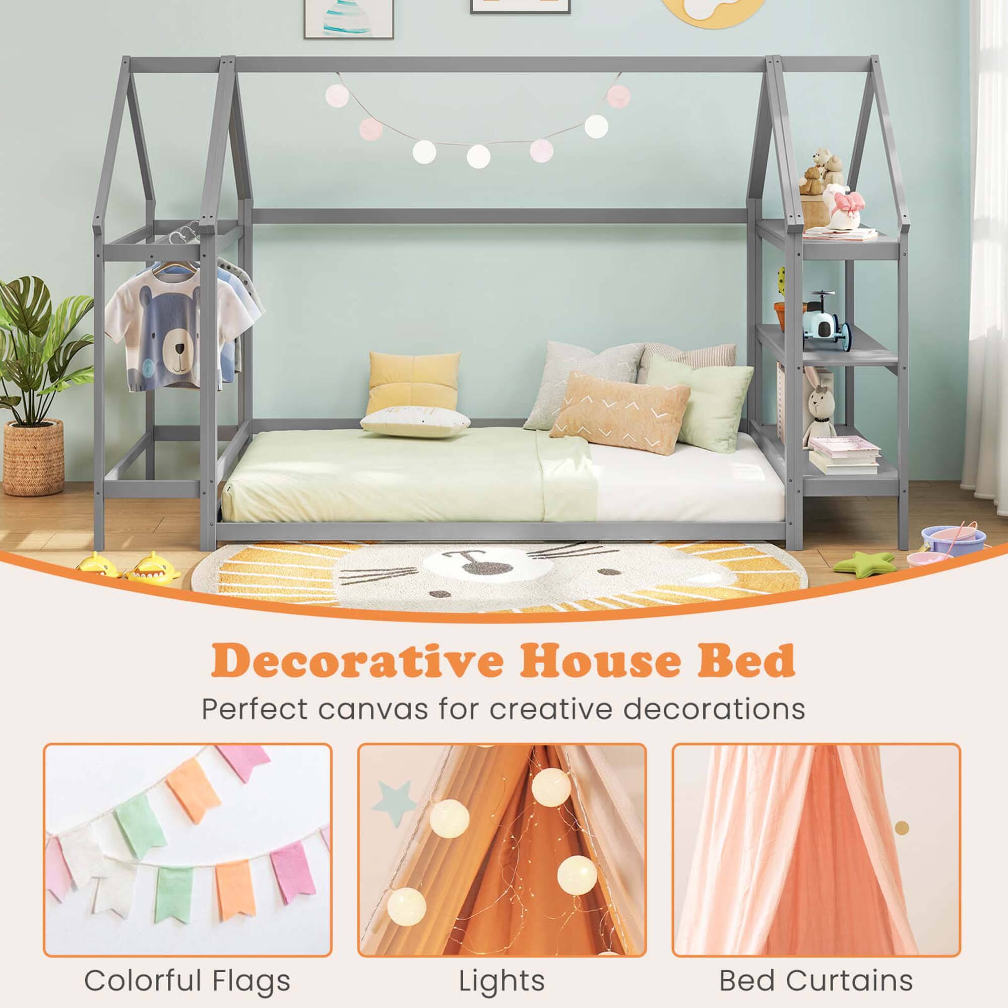 Decorative House Bed: Perfect canvas for creative decorations. Colorful Flags, Lights, Bed Curtains.