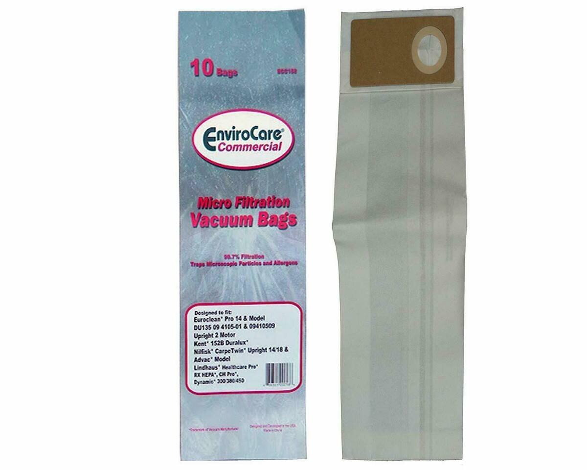 10 Bags

EnviroCare Commercial

Micro Filtration Vacuum Bags

99.7% Filtration Traps Microscopic Particles and Allergens

Designed to fit:
- Euroclean Pro 14 & Model DU135 09 4105-01 & 09410509
- Upright 2 Motor Kent 1528 Duralux
- Nitfisk' CarpeTwin' Upright 1418
- Advac* Model
- Lincaus' Healthcare Pro" RX
- KEP* CH Pro" Dynamic 300380453