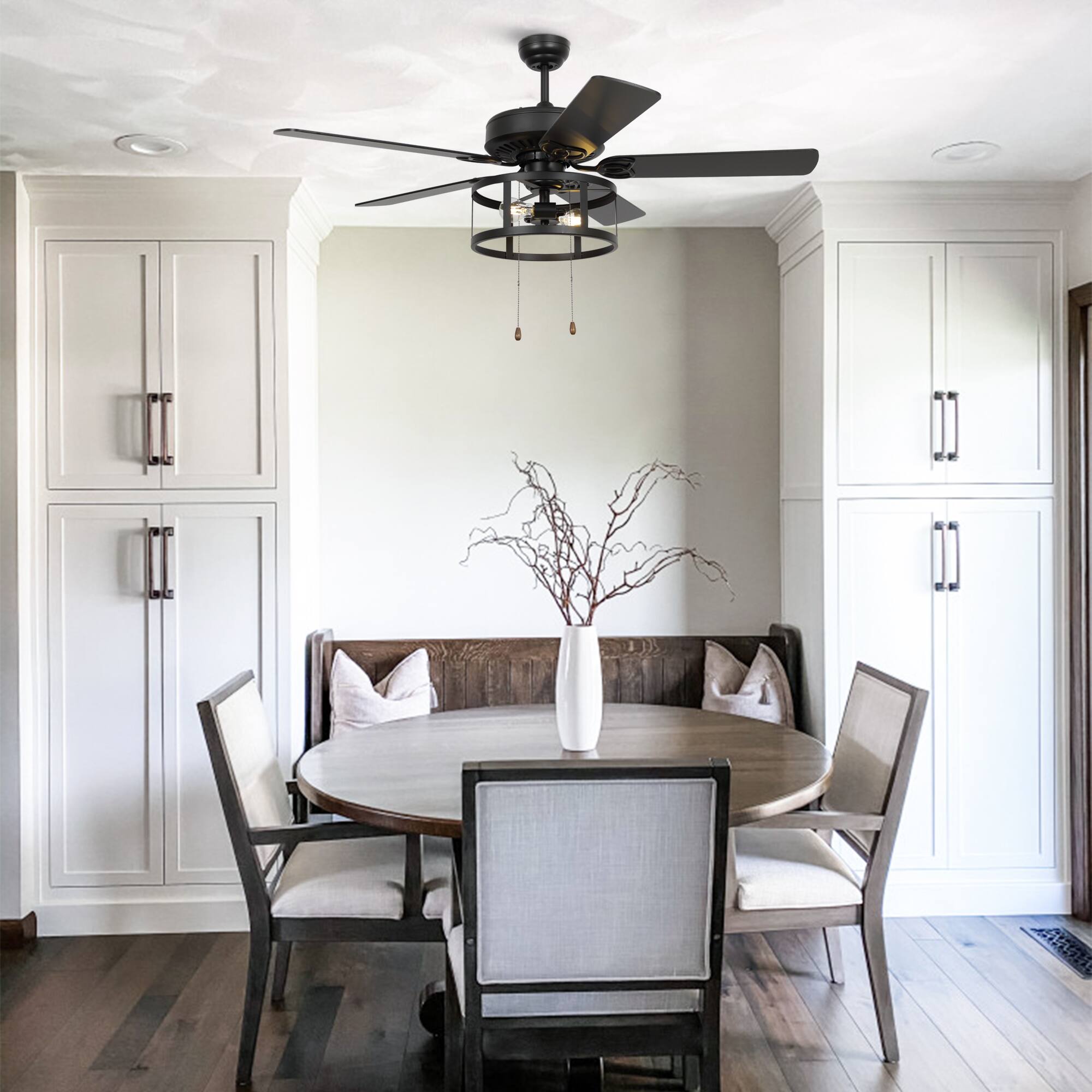 Back. Parrot Uncle - 52" Industrial 2-Light Blacke Ceiling Fan with Pull Chain Control - Black.