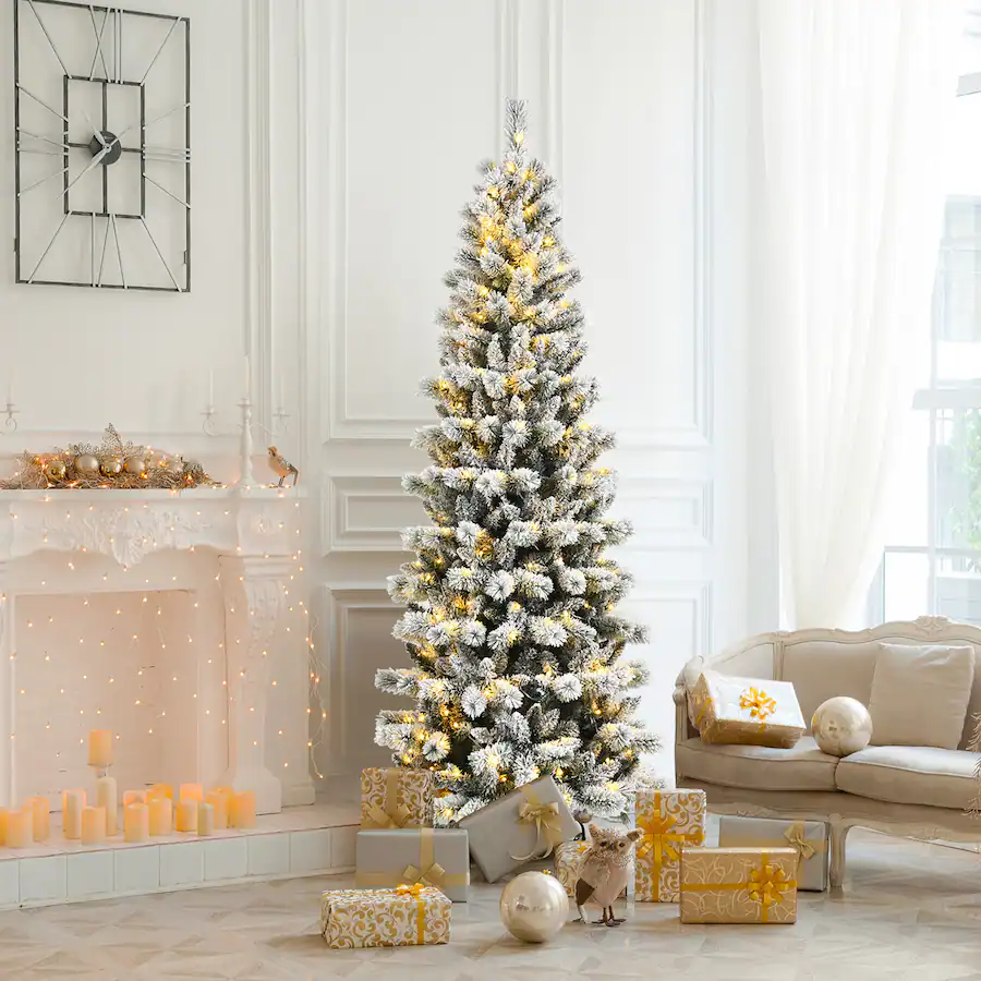 Gymax 7.5 ft Pre lit Snow Flocked Artificial Christmas Tree w/ Multi ...