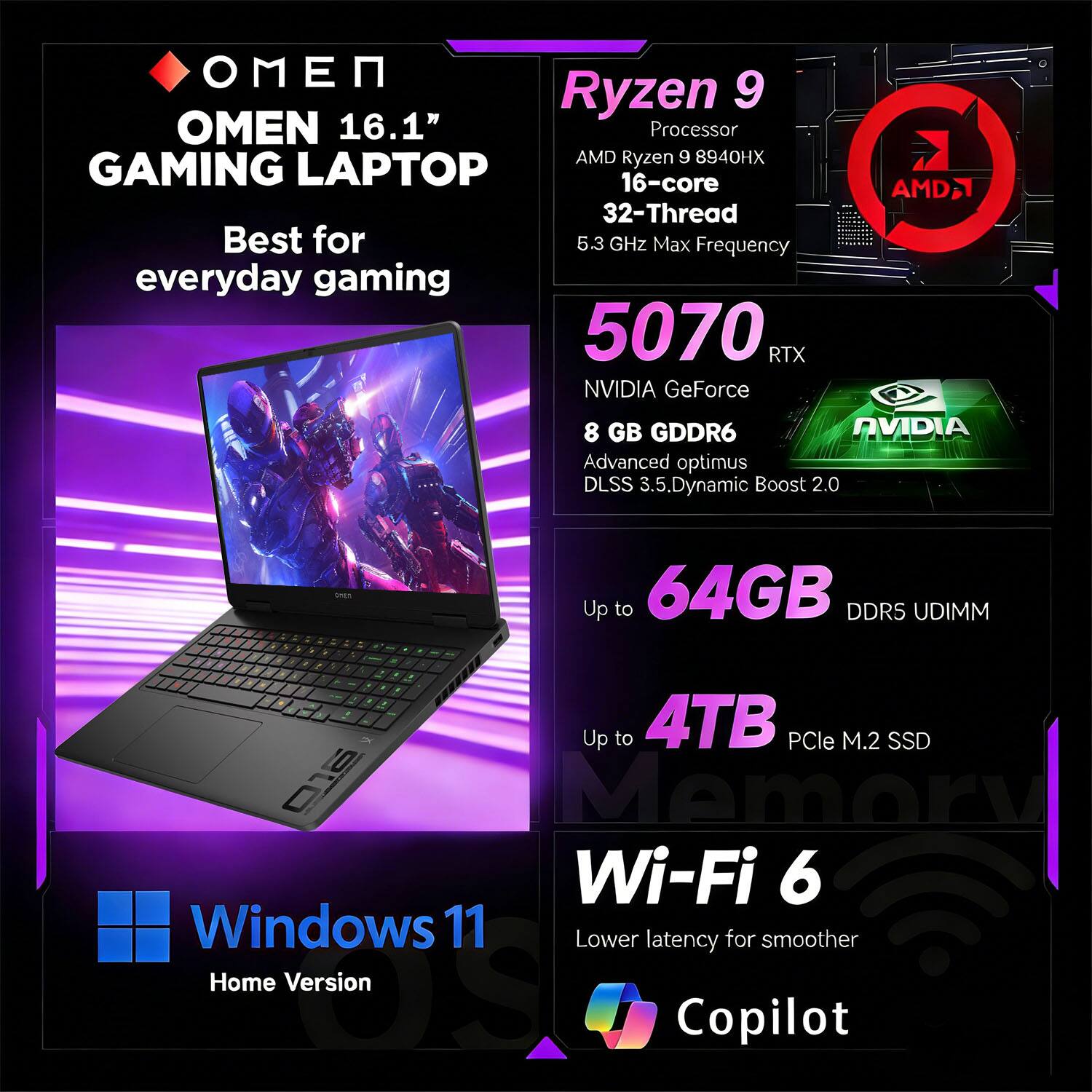 OMEN 16.1" GAMING LAPTOP  
Best for everyday gaming

Ryzen 9  
Processor  
AMD Ryzen 9 8940HX  
16-core  
32-Thread  
5.3 GHz Max Frequency

5070 RTX  
NVIDIA GeForce  
8 GB GDDR6  
Advanced optimus  
DLSS 3.5  
Dynamic Boost 2.0

Up to 64GB DDR5 UDIMM  
Up to 4TB PCIe M.2 SSD

Wi-Fi 6  
Lower latency for smoother

Windows 11  
Home Version

Copilot