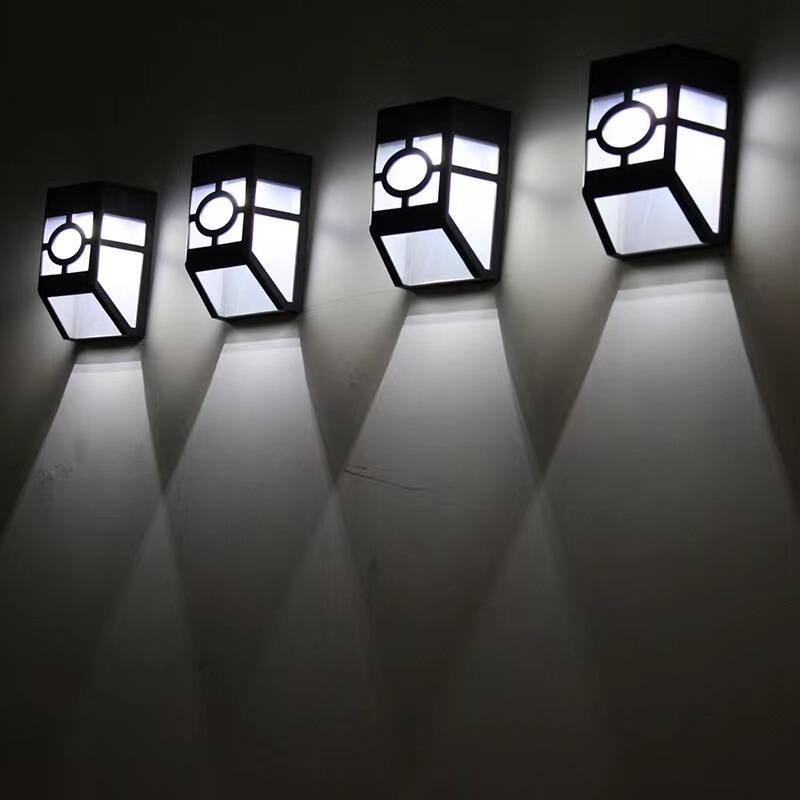 Back. Oumilen - 8 Pack Vintage Solar Wall Mount Lights – Cool White 2-LED Outdoor Solar Fence Lamp for Patio Deck.