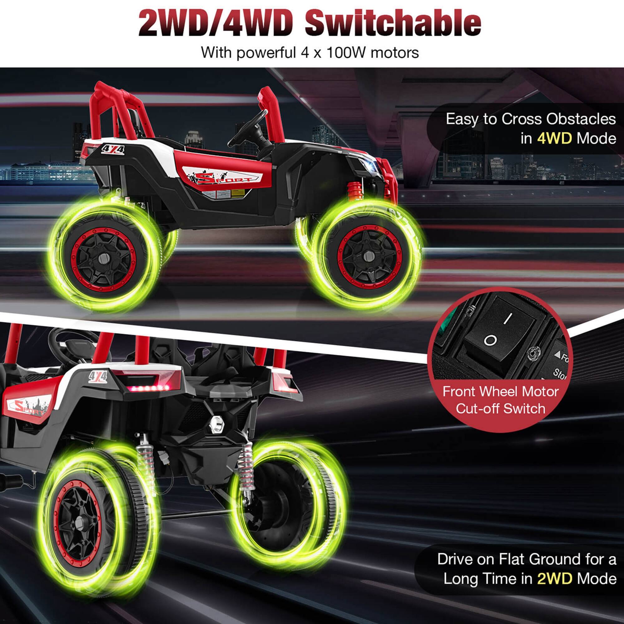 2WD/4WD Switchable  
With powerful 4 x 100W motors  

Easy to Cross Obstacles in 4WD Mode  

Front Wheel Motor Cut-off Switch  

Drive on Flat Ground for a Long Time in 2WD Mode