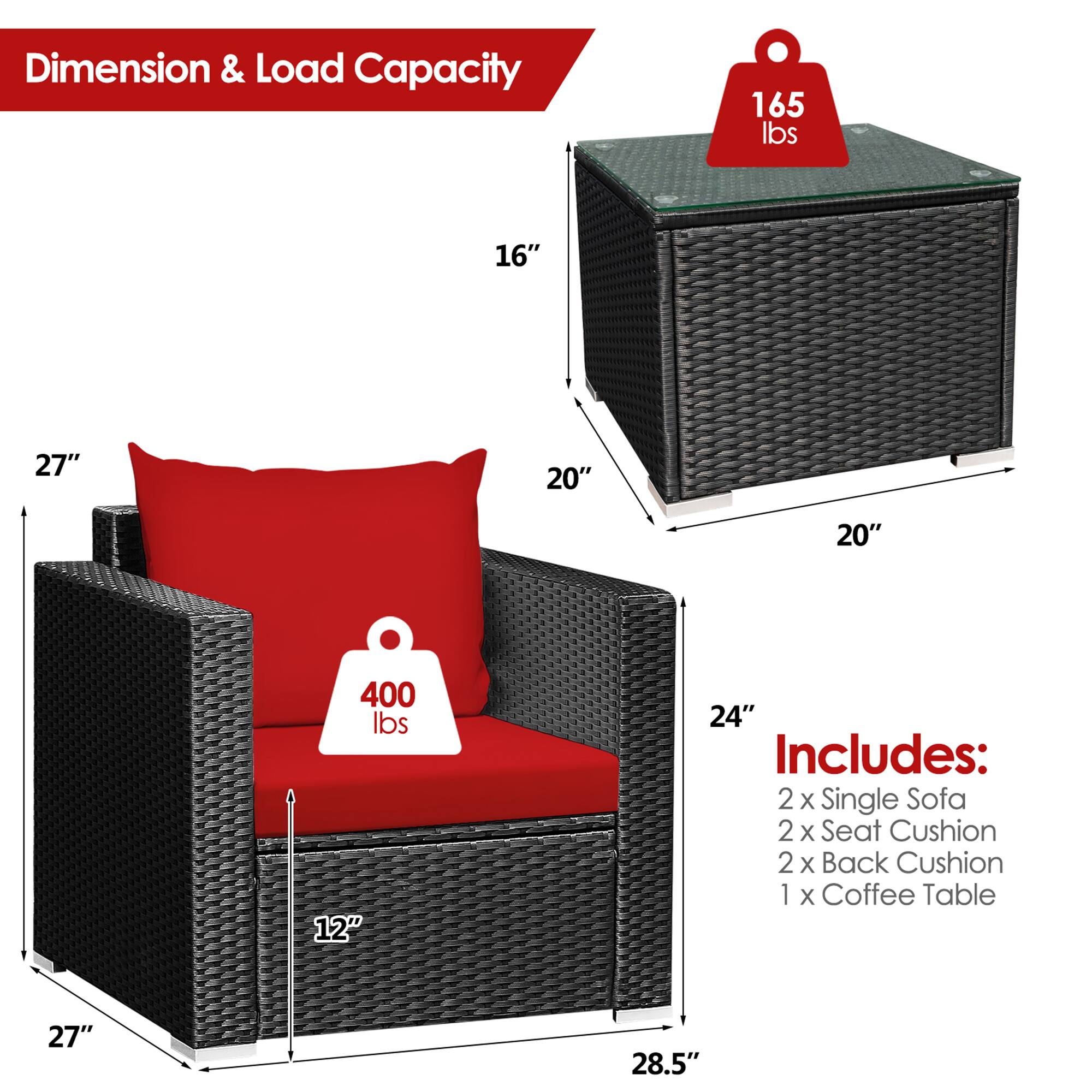 Dimension & Load Capacity

- 165 lbs
  - 16" x 20" x 20"

- 400 lbs
  - 27" x 12" x 28.5"

Includes:
- 2 x Single Sofa
- 2 x Seat Cushion
- 2 x Back Cushion
- 1 x Coffee Table