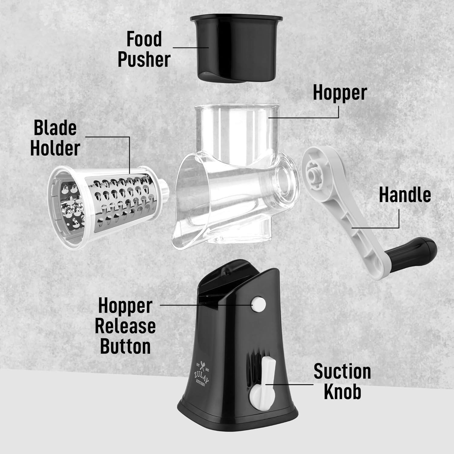 - Blade Holder
- Food Pusher
- Hopper
- Handle
- Hopper Release Button
- Suction Knob