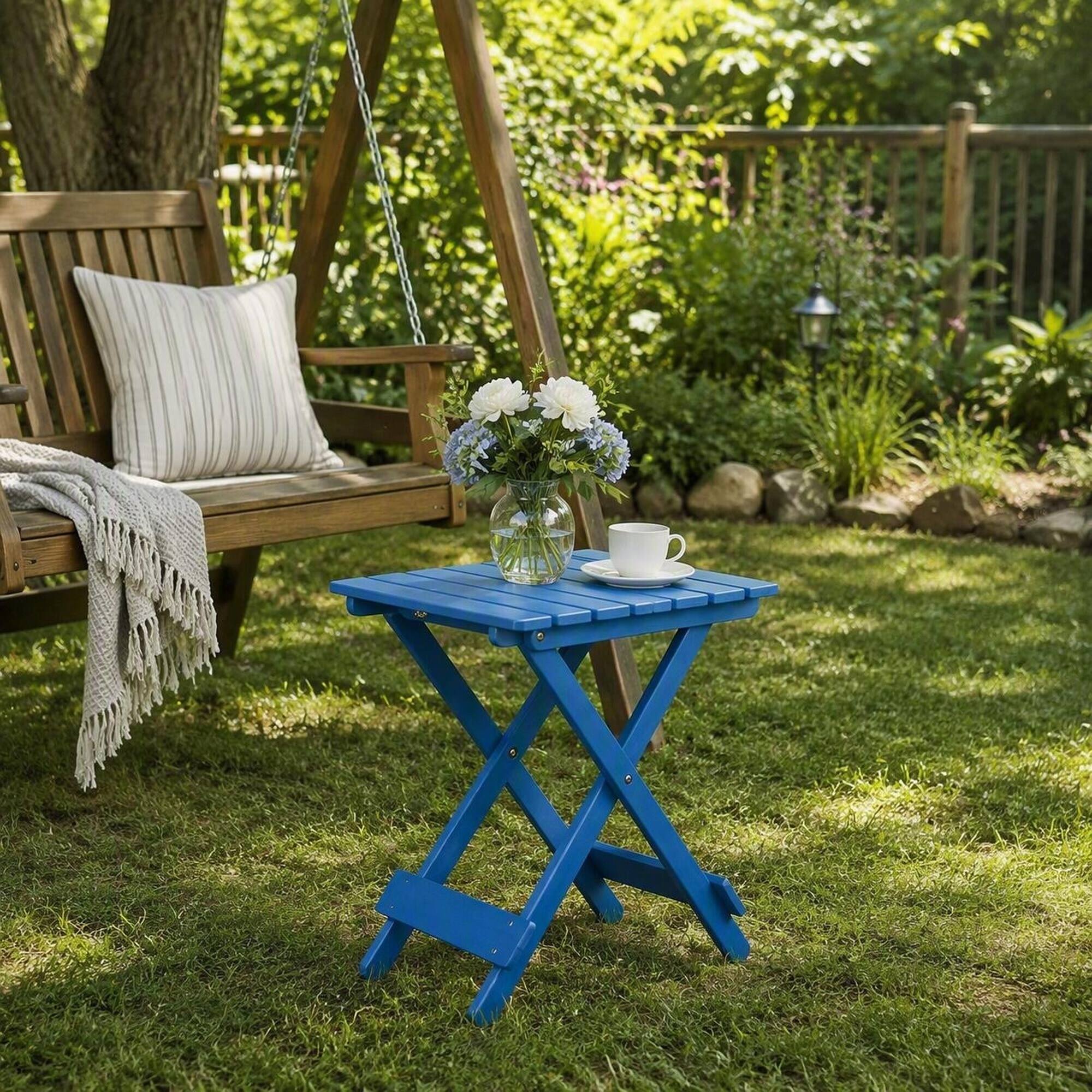 Alt View 2. RYHNUYNE - Solid Cypress Square Folding Outdoor Table,Space-Saving Blue Finish Side Table for Patio Balcony Deck Backyard - Blue.