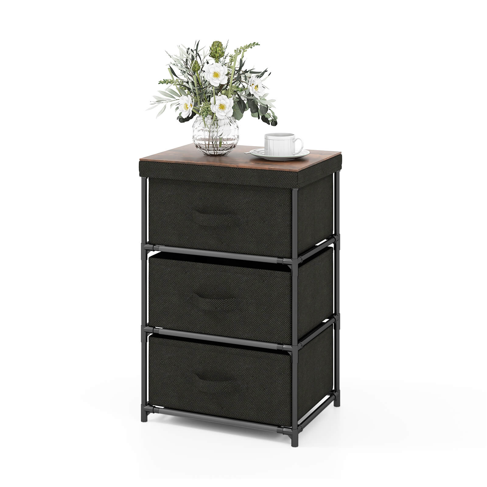 Front. Ecooso - 3-Tier Fabric Nightstand with Drawer and Metal Frame for Bedroom Storage - Black.