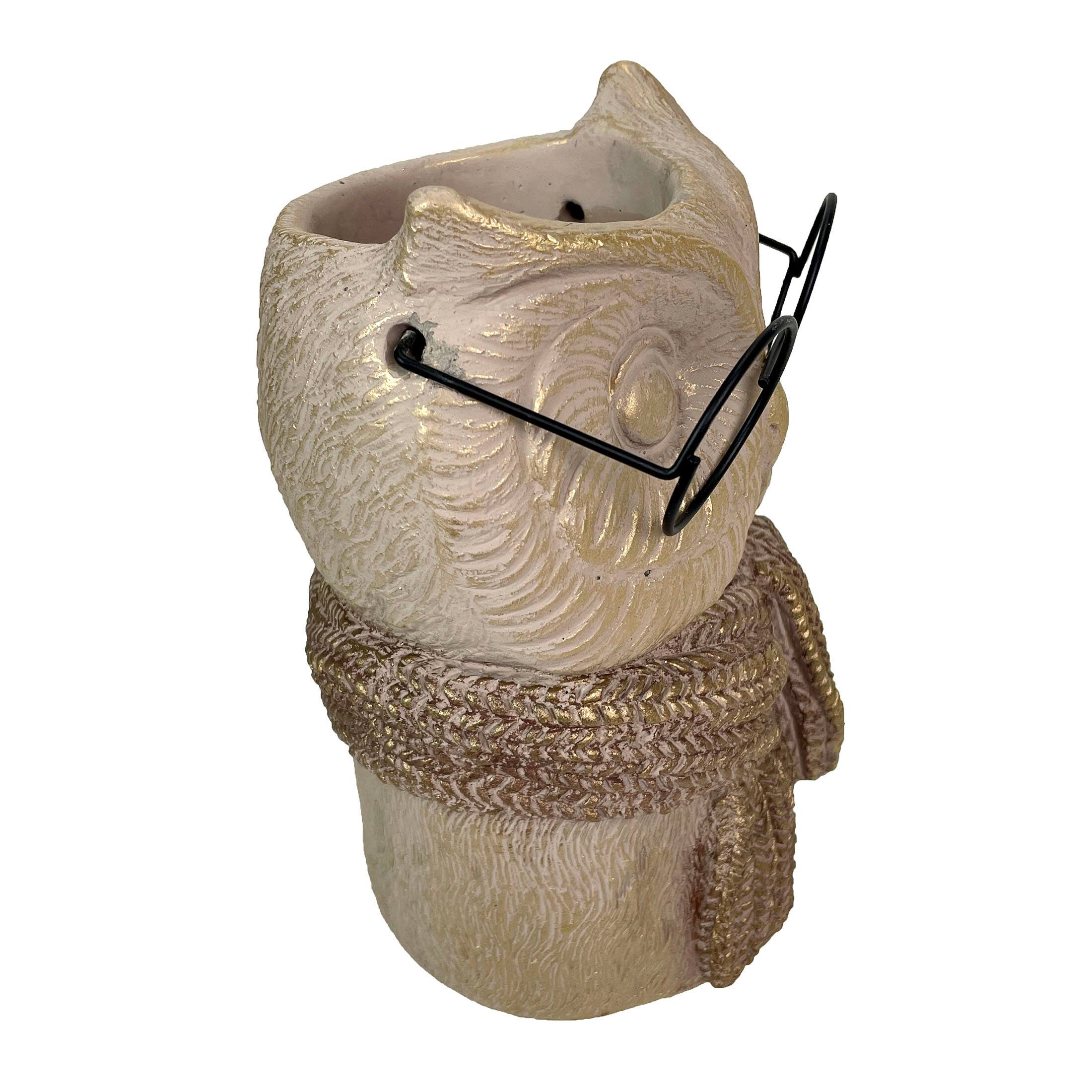 Alt View 8. Things2Die4 - Bespectacled Owl Cement Vase 8.25" Gold Accents Knit Scarf Real Wire Glasses - Taupe.