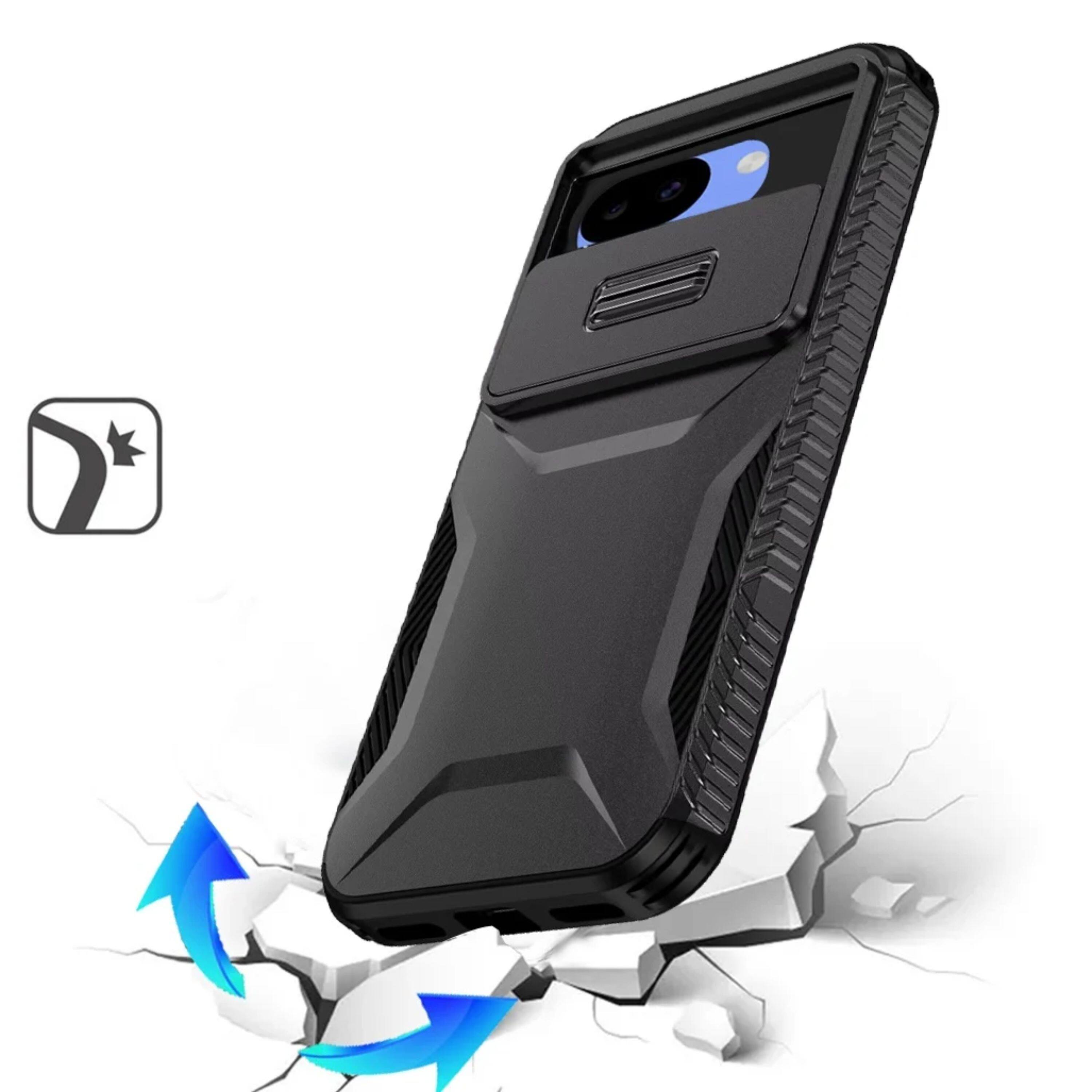 Left. Kitcheniva - Rugged Side Grip Sliding Lens Cover Phone Case With Tempered Glass For Google Pixel 10a Black - Black.