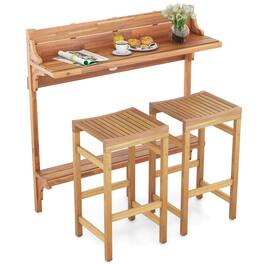 Gymax - 3 PCS Acacia Wood Balcony Table Set w/ Shelf Footrest Curved Wood Seat - Teak