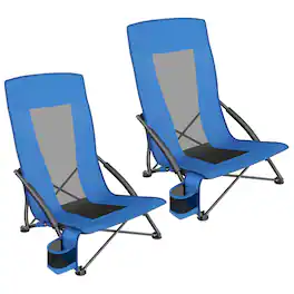 Songmics Home - Set of 2 Portable Beach Chairs for Adults, Max. Load 330 lb Each, High Backrest, Cup Holder, Lightweight, Heavy-Duty - Blue