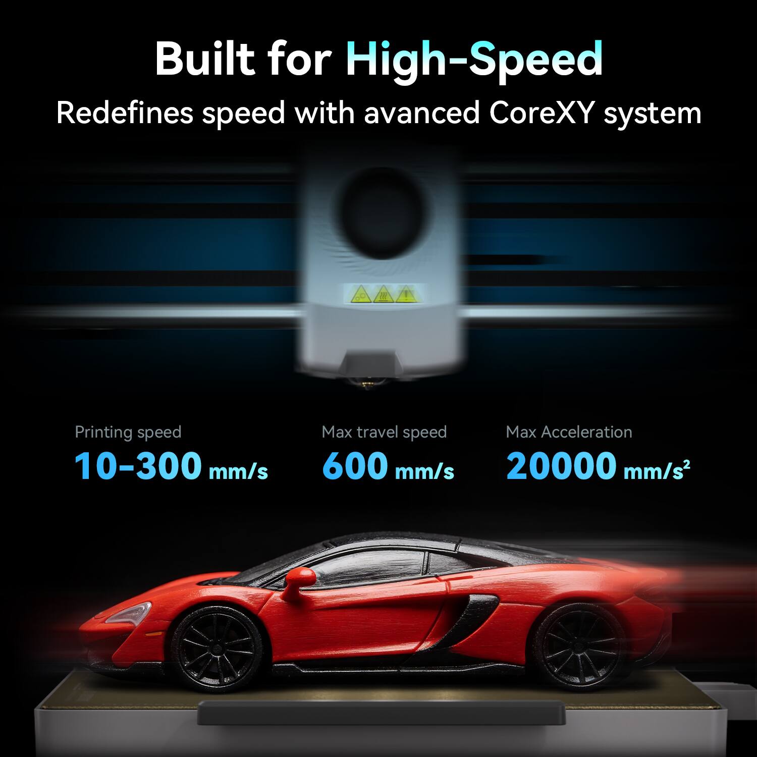 Built for High-Speed  
Redefines speed with advanced CoreXY system  

Printing speed: 10-300 mm/s  
Max travel speed: 600 mm/s  
Max Acceleration: 20000 mm/s²