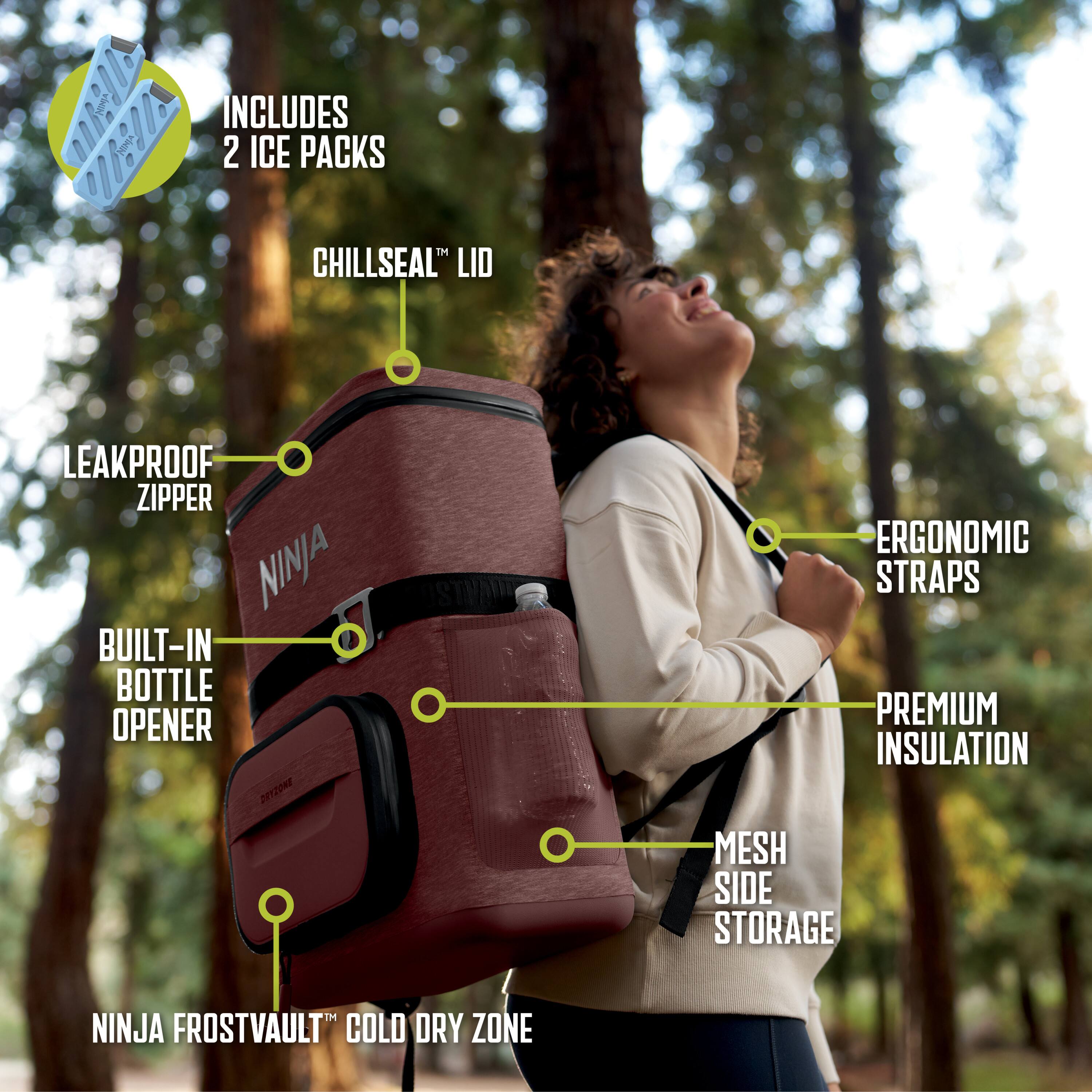 INCLUDES 2 ICE PACKS  
CHILLSEAL™ LID  
LEAKPROOF ZIPPER  
BUILT-IN BOTTLE OPENER  
ERGONOMIC STRAPS  
PREMIUM INSULATION  
MESH SIDE STORAGE  
NINJA FROSTVAULT™ COLD DRY ZONE