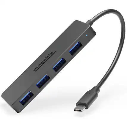 Front. Plugable - USB C to USB Adapter Hub, 4 Port USB 3.0 Hub, USB Splitter for Laptop - Black.