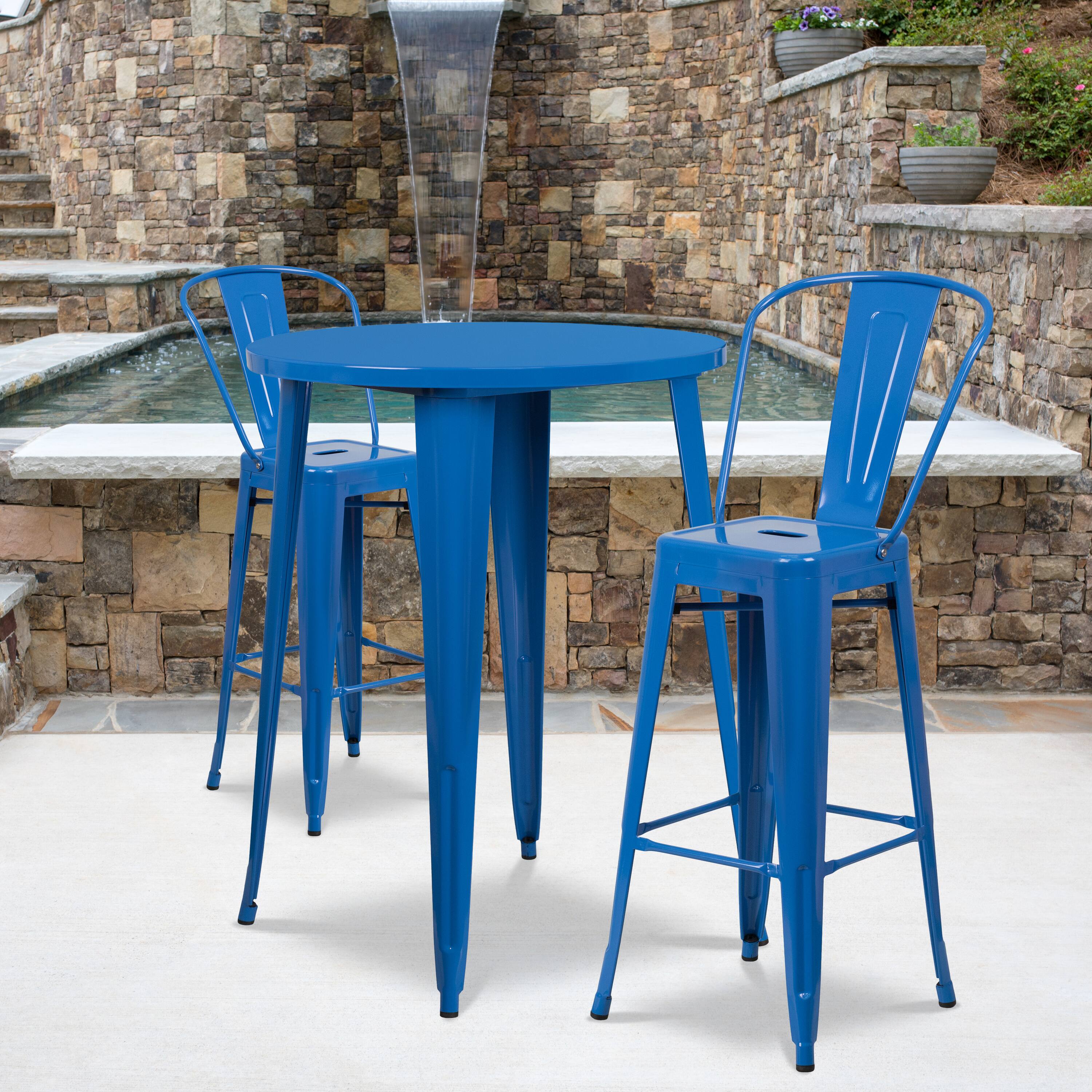 Alt View 1. Emma + Oliver - Commercial Grade 30" Round Metal Indoor-Outdoor Bar Table Set with 2 Cafe Stools - Blue.
