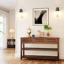 Loheer - 63 Inch Wood Console Table with 3 Drawers, Rustic Sofa Table with Storage Shelves for Entryway - Walnut