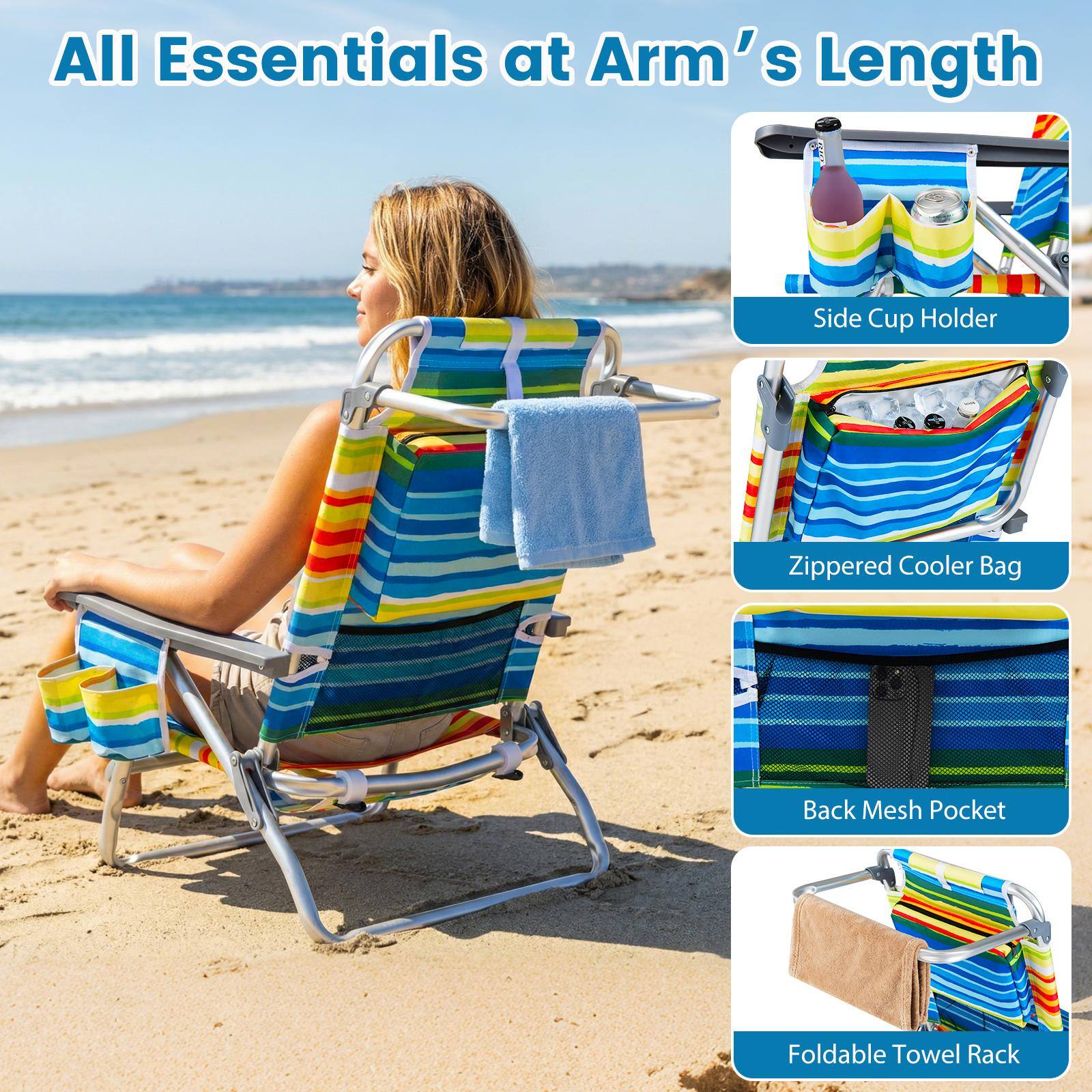 All Essentials at Arm's Length

- Side Cup Holder
- Zippered Cooler Bag
- Back Mesh Pocket
- Foldable Towel Rack