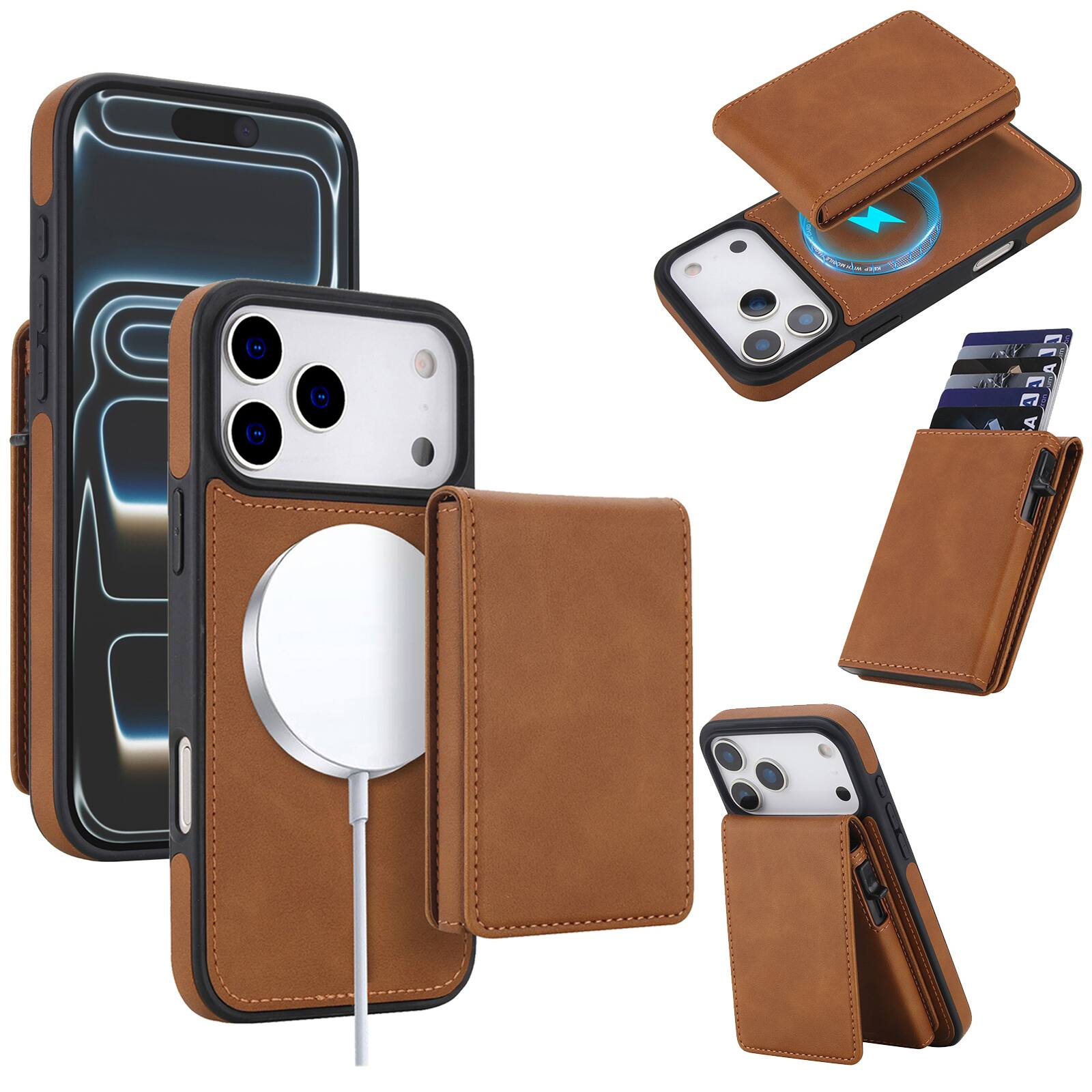 Alt View 1. Dteck - 2-in-1 Magnetic Wallet Case for Apple iPhone 17 Pro, Detachable Folio Cover with RFID Blocking & Dual Kickstand - Brown.