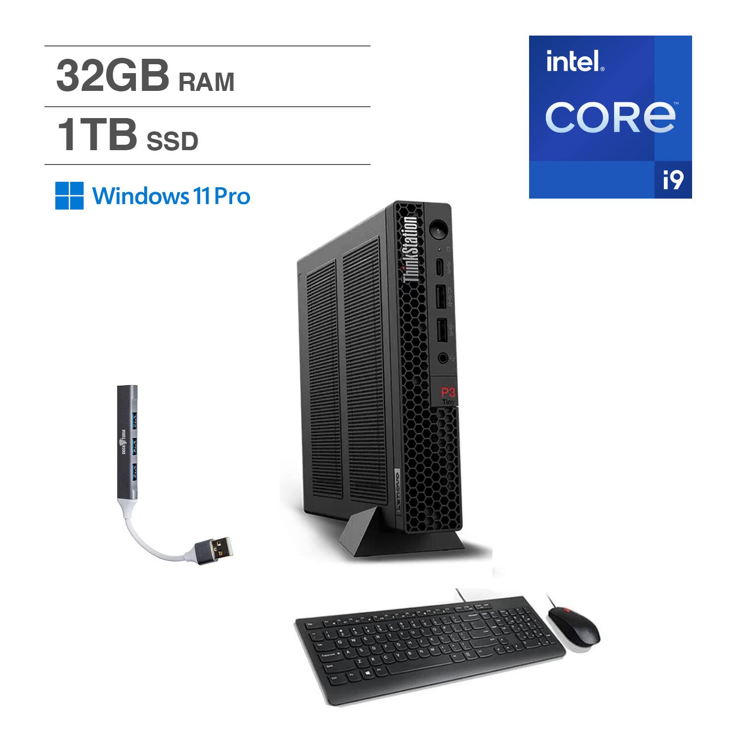 Lenovo - ThinkStation P3 Mini Desktop (Intel i9-14900, 32GB DDR5, 1TB PCIe SSD, NVIDIA T400, Win 11 Pro) w/USB Hub - Black
