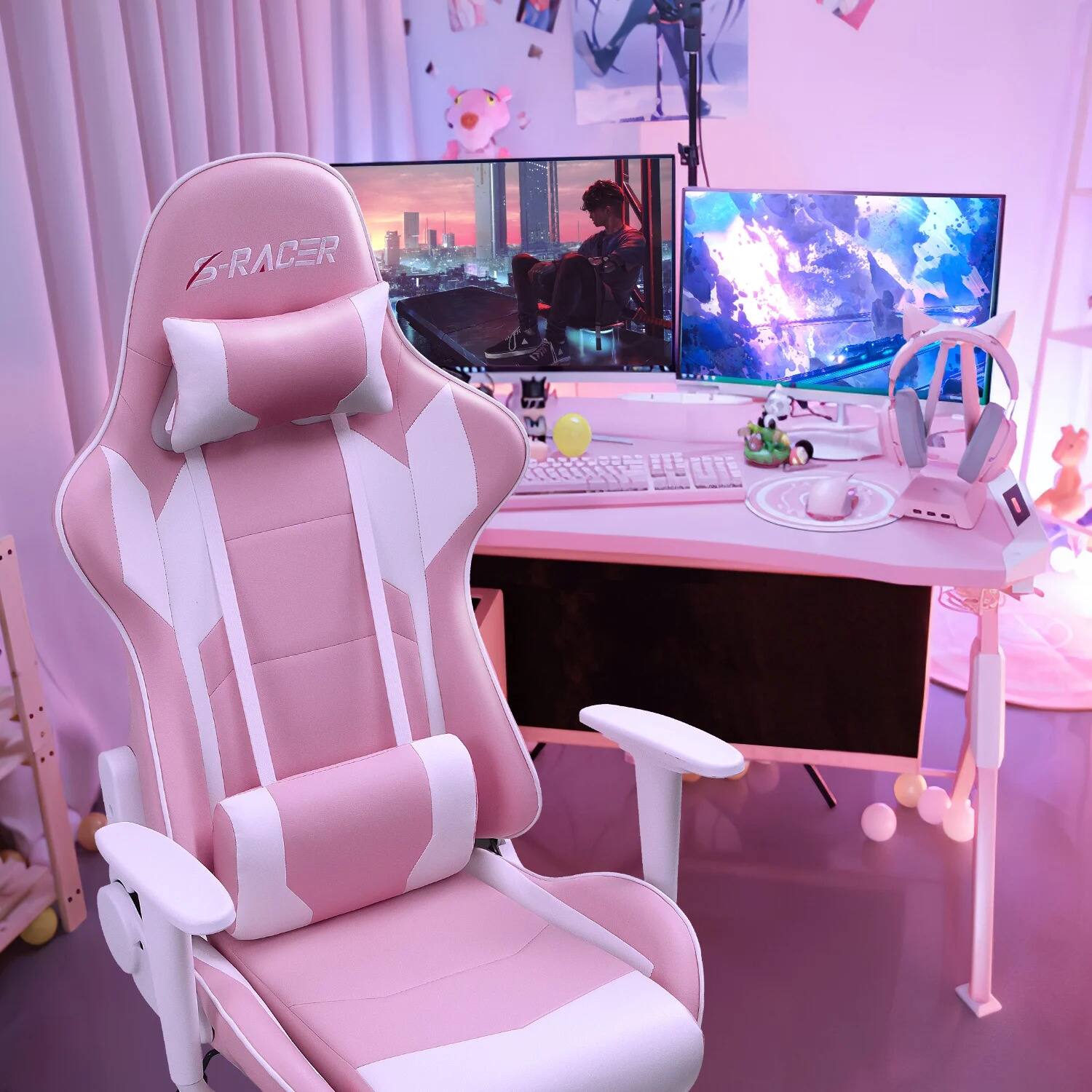 Left. Homall - Gaming Chair Office Chair Ergonomic Adjustable High Back Computer Chair Desk Chair with Headrest & Lumbar Support - PINK.