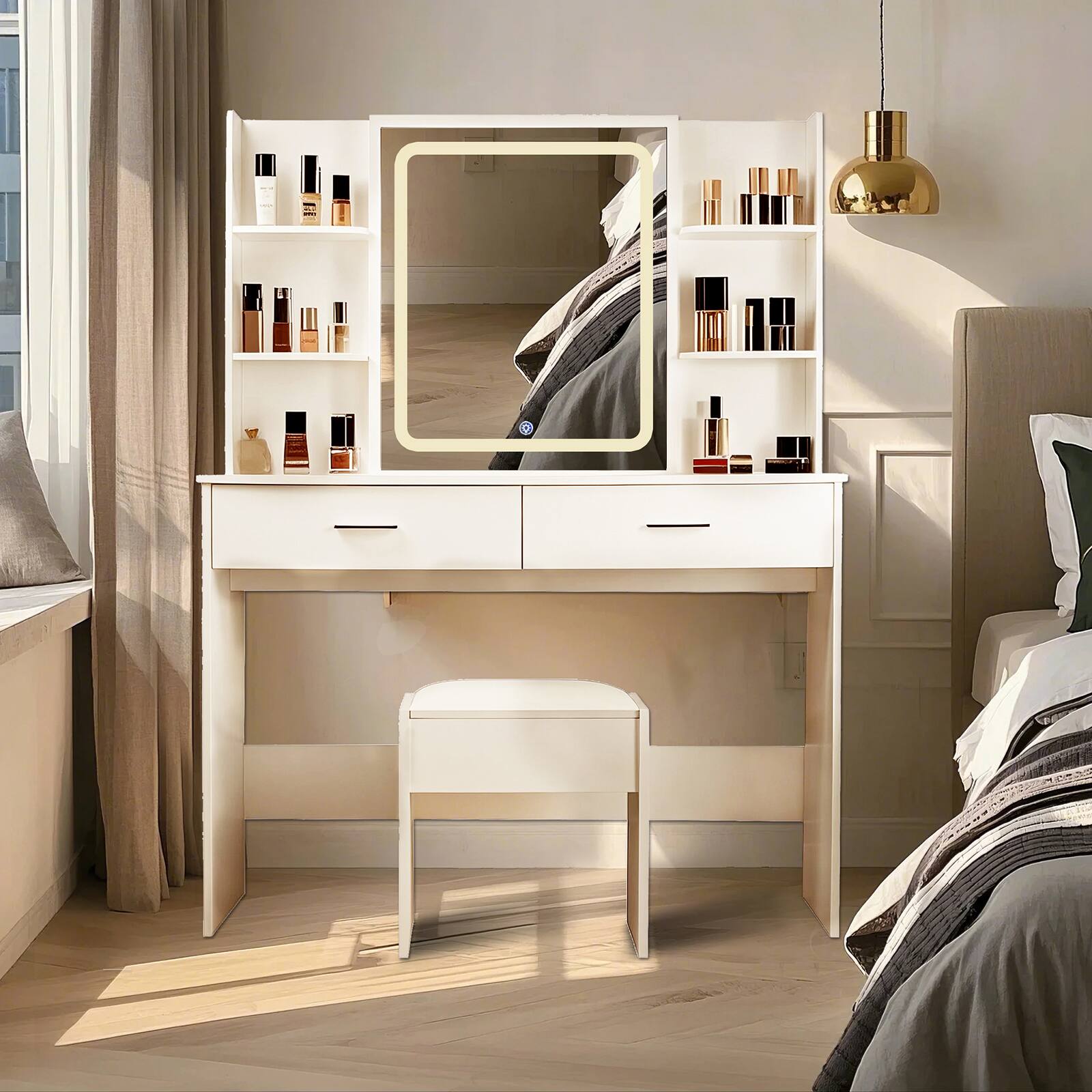 Alt View 1. Ecooso - Modern Vanity Table with LED Mirror, Hidden Storage, Adjustable Brightness, Stool - White.