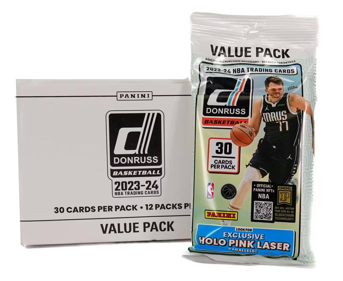 VALUE PACK  
AGES 9+ NO PURCHASE NECESSARY SEE BACK FOR DETAILS  
2023-24 NBA TRADING CARDS  
DONRUSS BASKETBALL  
30 CARDS PER PACK  
12 PACKS PER BOX  
VALUE PACK  
LOOK FOR EXCLUSIVE HOLO PINK LASER PARALLELS!  

2023-24 NBA TRADING CARDS  
DONRUSS BASKETBALL  
30 CARDS PER PACK  
OFFICIAL PANINI NFTs  
BUY, SELL, AUCTION ON PANINI BLOCKCHAIN TECHNOLOGY!