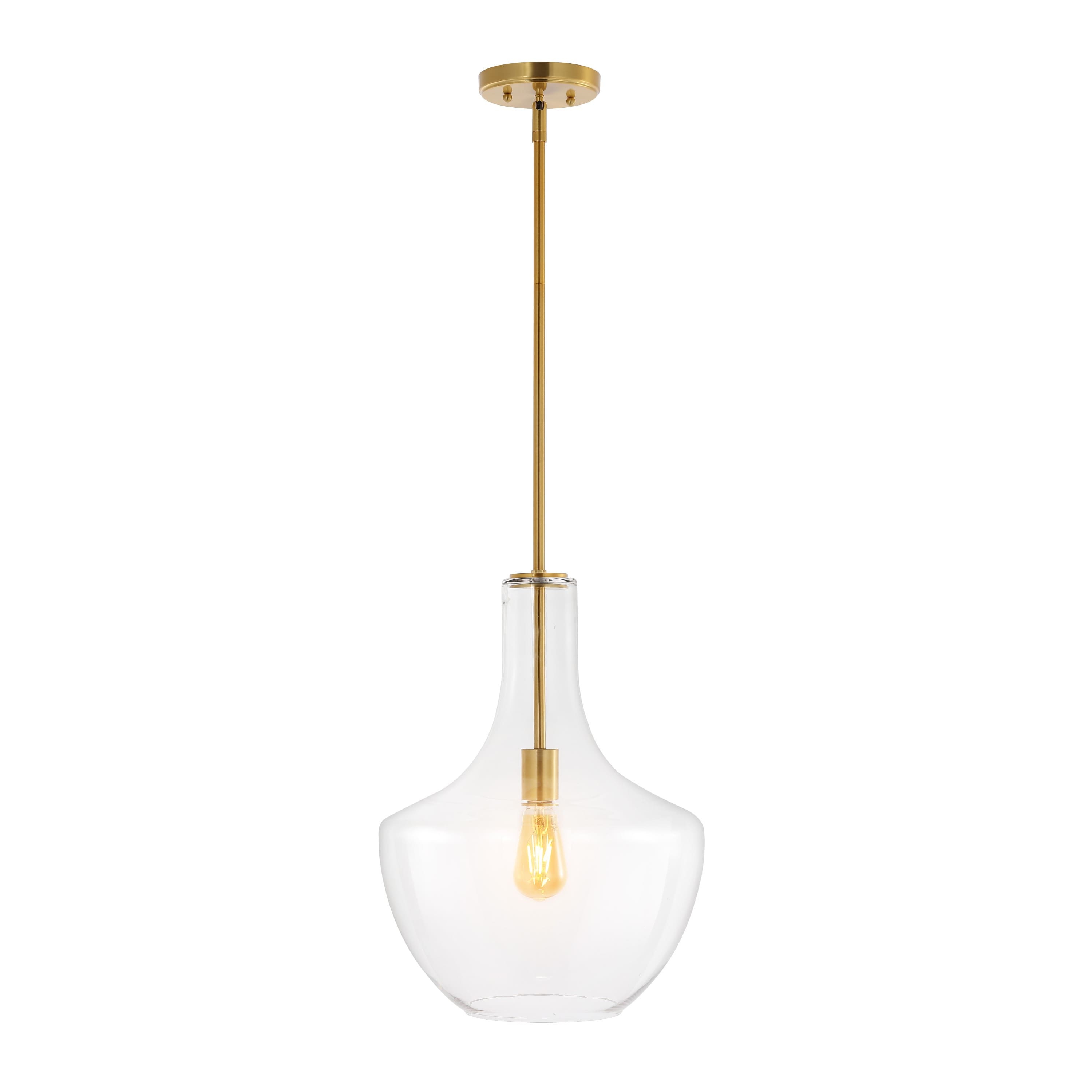 "Jonathan Y - Watts 13.25"" 1-Light Mid-Century Modern Iron/Glass LED Pendant - Brass Gold/Clear" price history on PriceWatchPro
