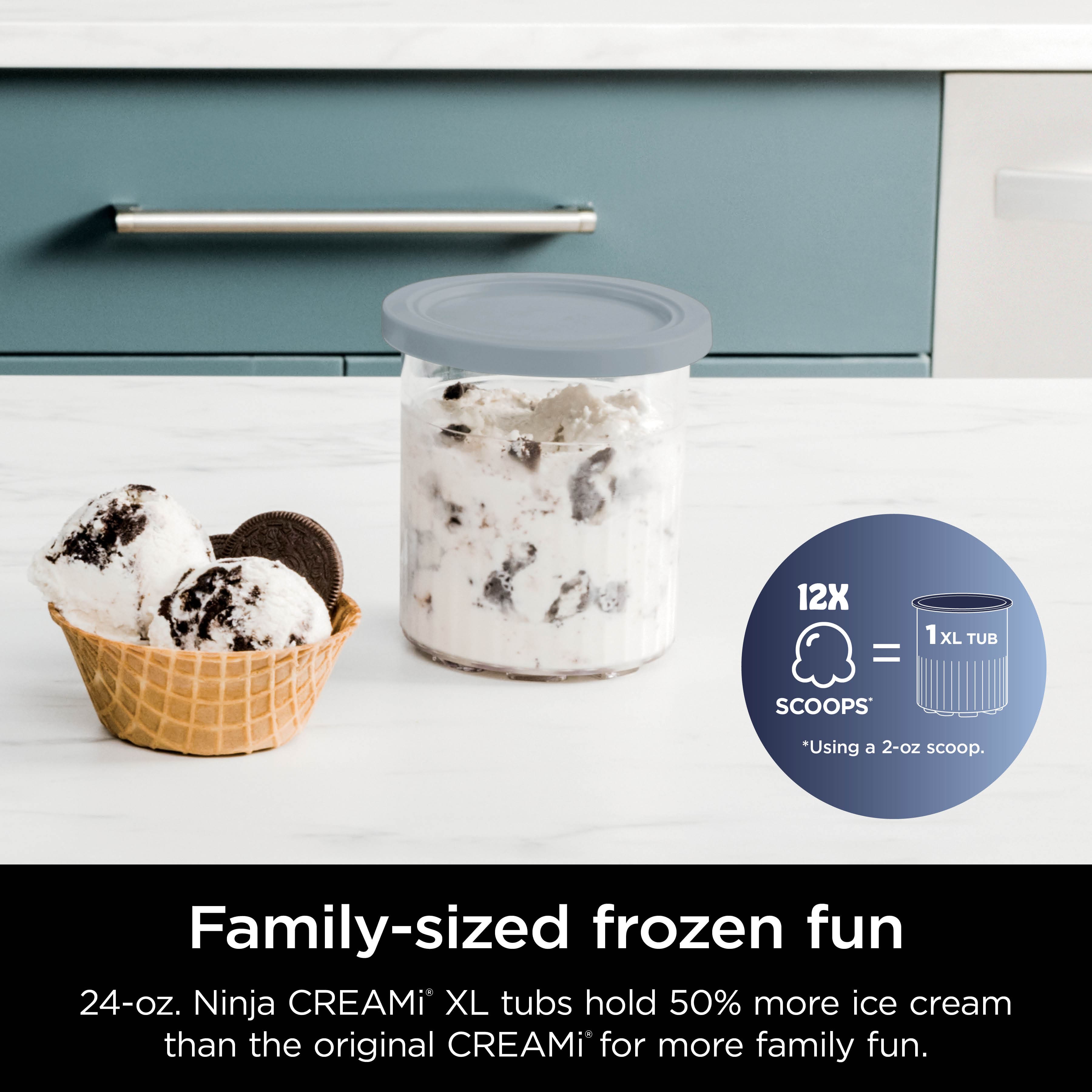 Family-sized frozen fun 24-oz Ninja CREAMi XL tubs hold 50% more ice cream than the original CREAMi for more family fun.