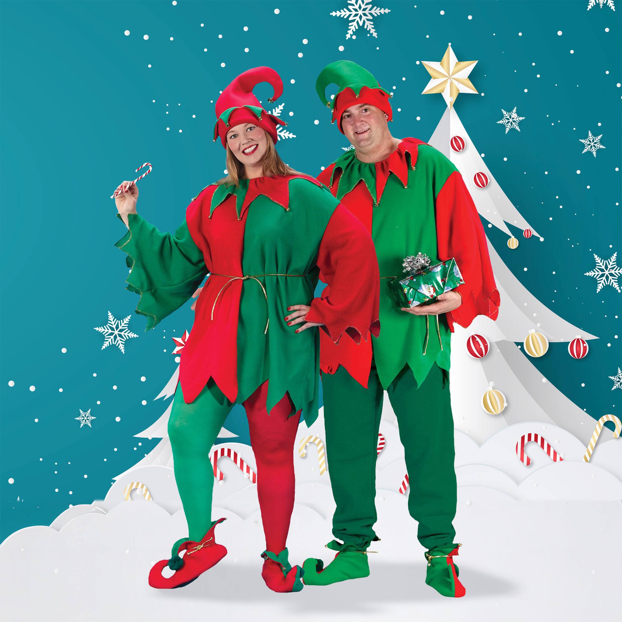 Front. Fun World - Red and Green Elf Adult Christmas Costume Set - Plus Size - Red.