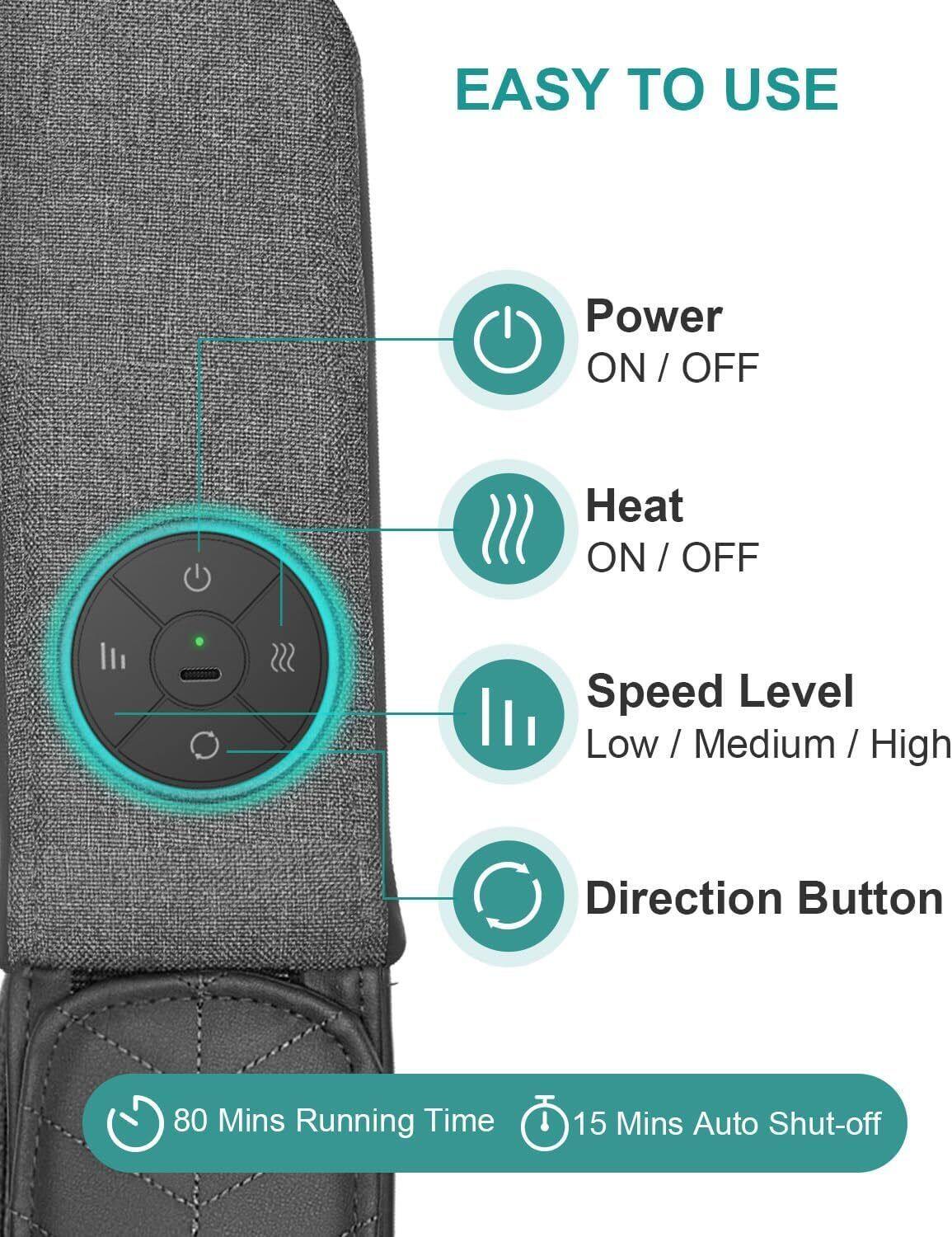 EASY TO USE

- Power ON / OFF
- Heat ON / OFF
- Speed Level Low / Medium / High
- Direction Button
- 80 Mins Running Time
- 15 Mins Auto Shut-off