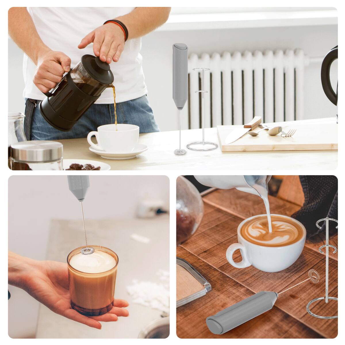 Alt View 1. Tooloton - Handheld Milk Frother, Mini Foam Maker for Coffee, Matcha and Hot Chocolate, Stand Included, Grey - Grey.