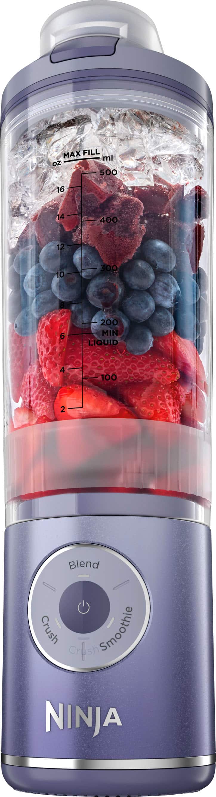 MAX FILL: 500 ml (16 oz)
MIN LIQUID: 4 ml (100 ml)
NINJA: Blend, Crush, Smoothie