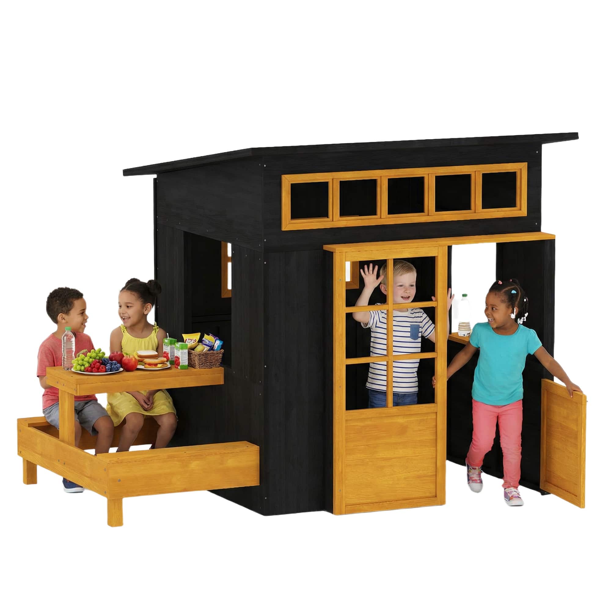 Qaba - Playhouse, Wooden Kids Playhouse w/ Picnic Table & Benches, Chalkboards, Half Door, Windows - Black price history on PriceWatchPro